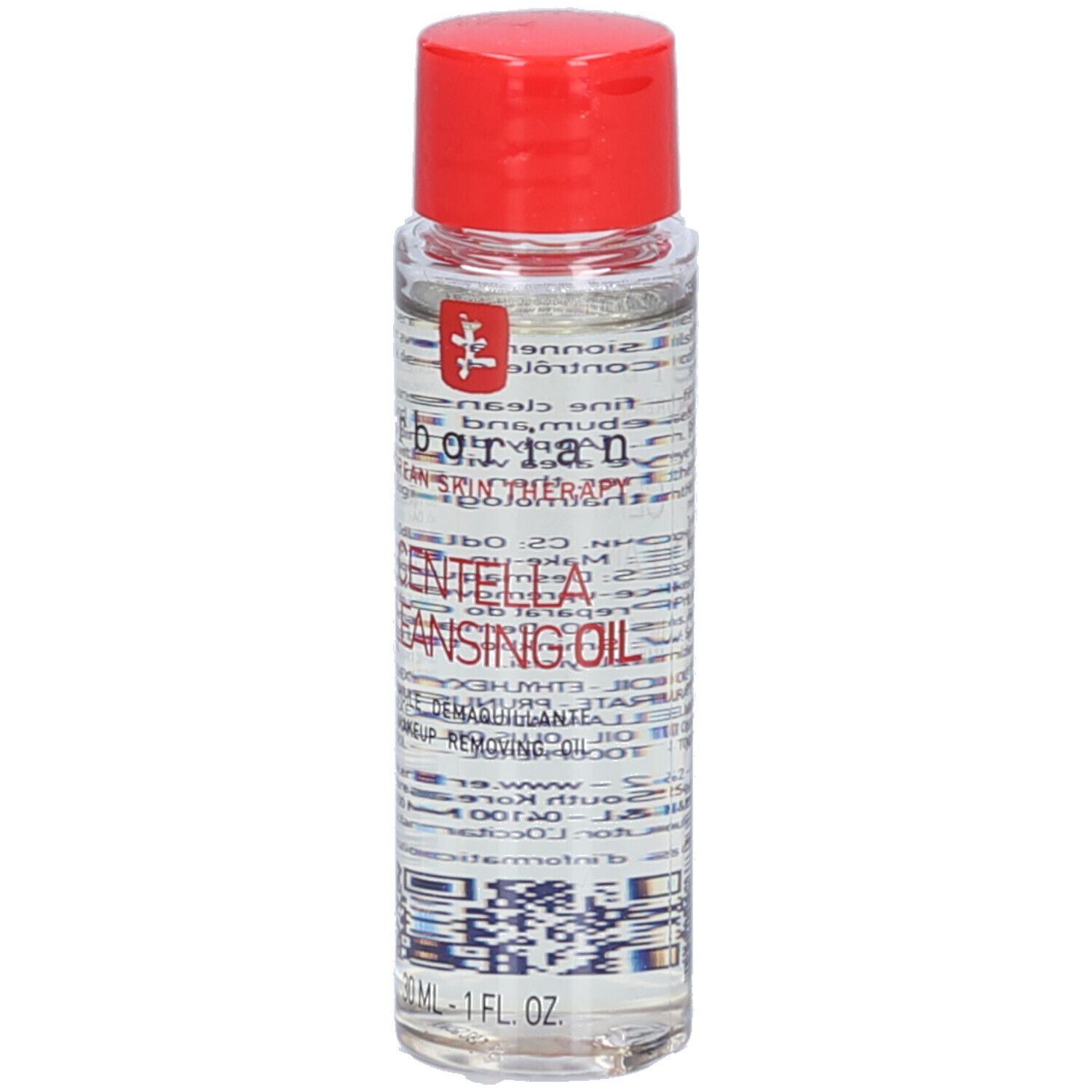 Klare Flasche mit rotem Deckel. Aufschrift: Centella Cleansing Oil. Marke: Erborian. 30 ml.