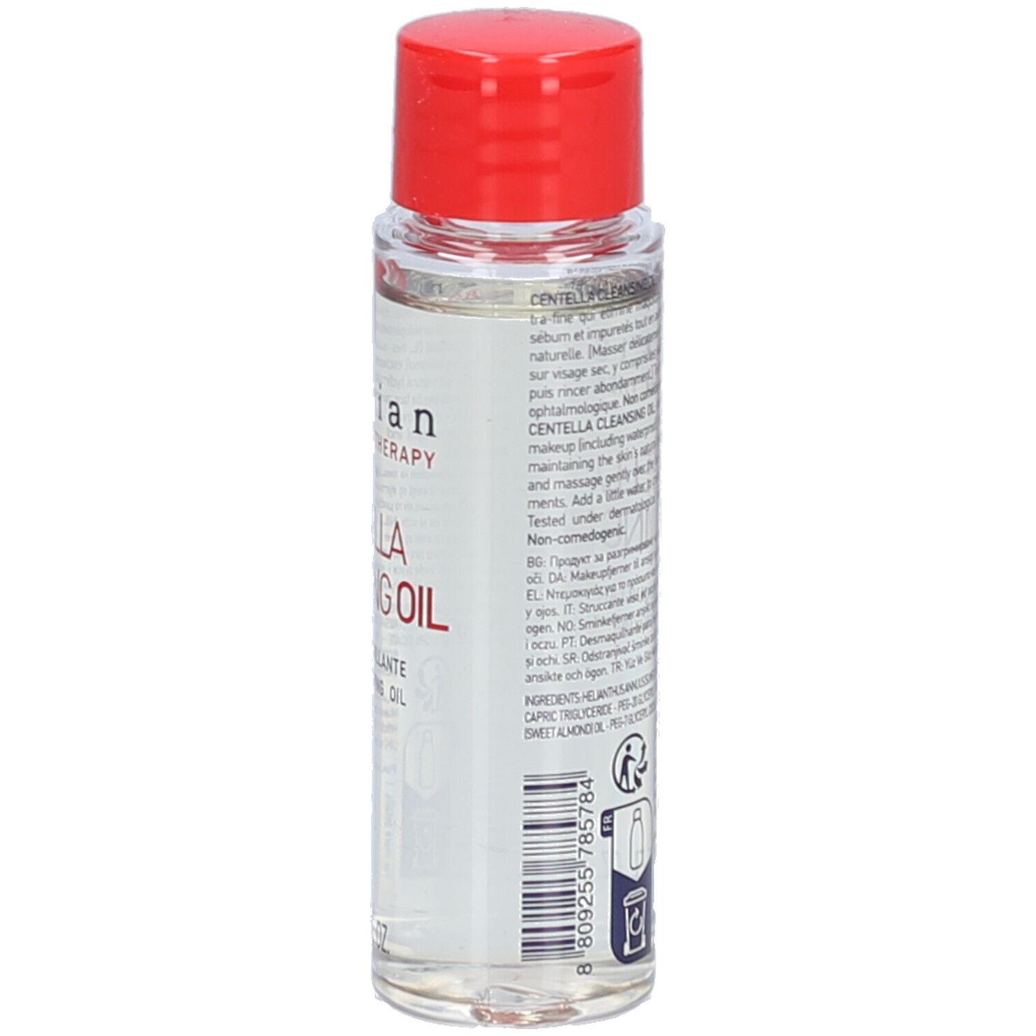 Klare Flasche mit rotem Deckel. Aufschrift: Centella Cleansing Oil. Marke: Erborian. 30 ml.