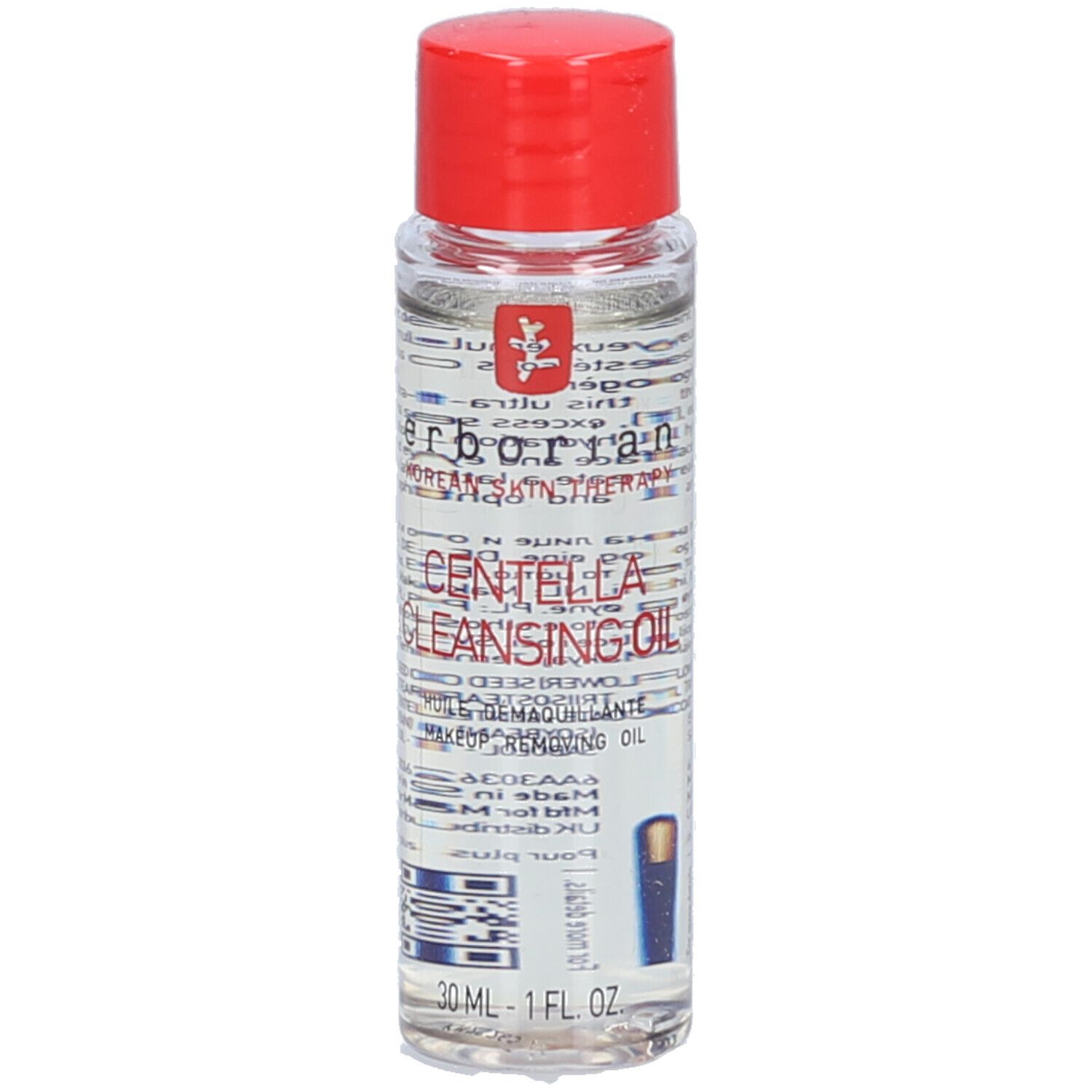 Klare Flasche mit rotem Deckel. Aufschrift: Centella Cleansing Oil. Marke: Erborian. 30 ml.