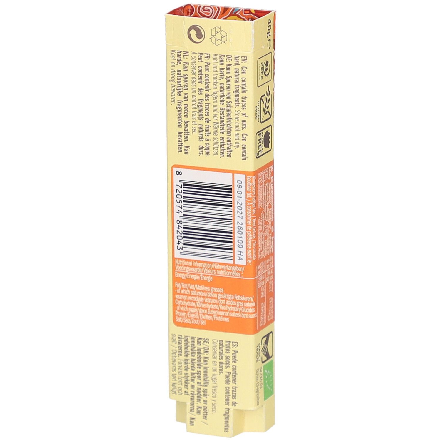 Rückseite der Riegelverpackung mit Barcode und Texten in verschiedenen Sprachen. Enthält Informationen zu Inhaltsstoffen.