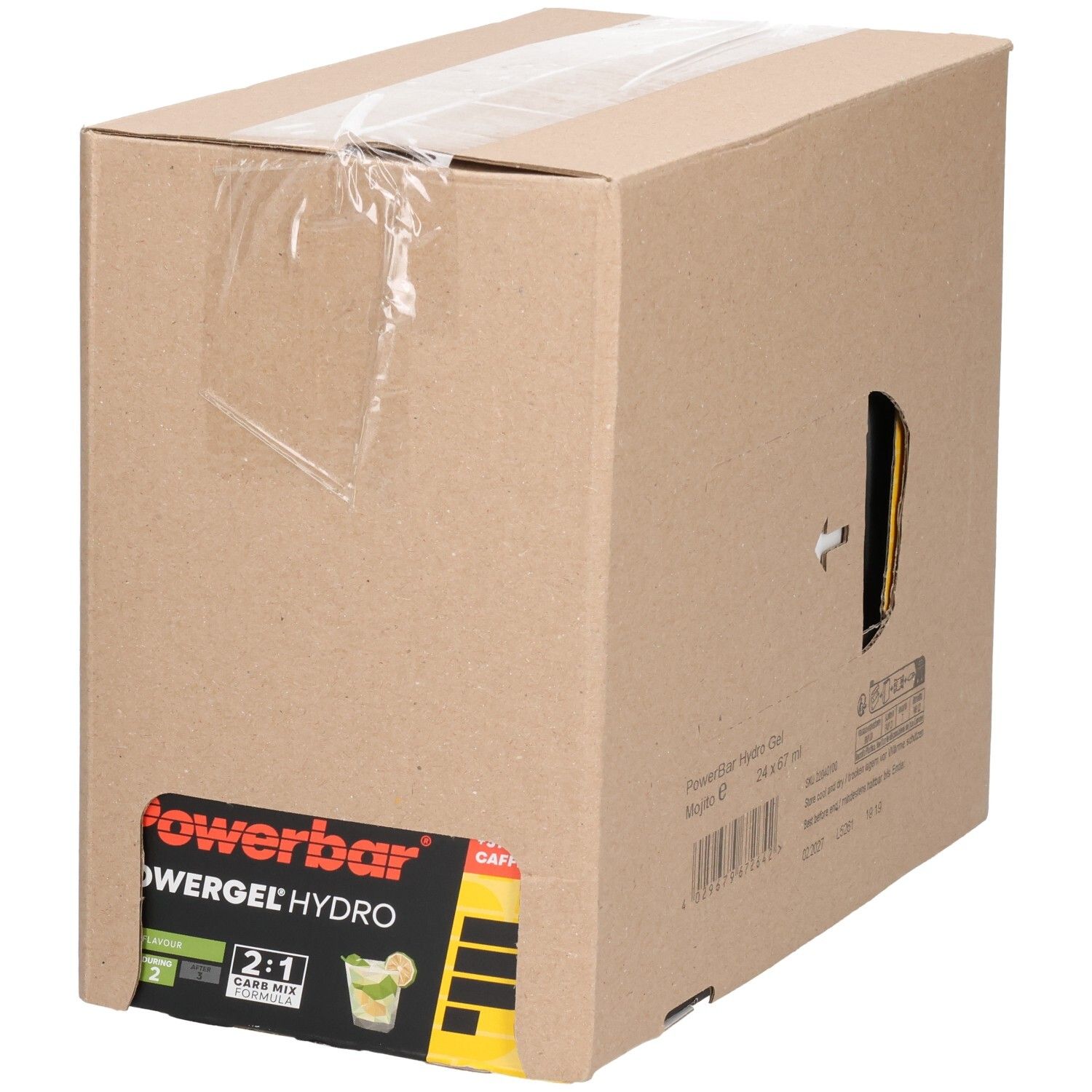 Kartonverpackung mit Sichtfenster. PowerBar PowerGel Hydro, 2:1 Case Mix. Schwarze und gelbe Gels sichtbar. Aufdrucke.