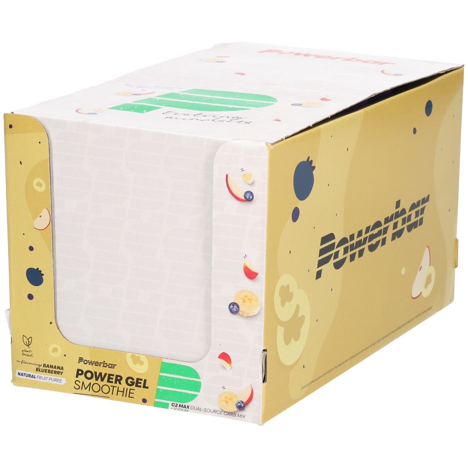 Kartonverpackung mit Powerbar PowerGel Smoothie. Aufdrucke: Powerbar, Banana Blueberry, Smoothie. Illustrationen von Früchten.