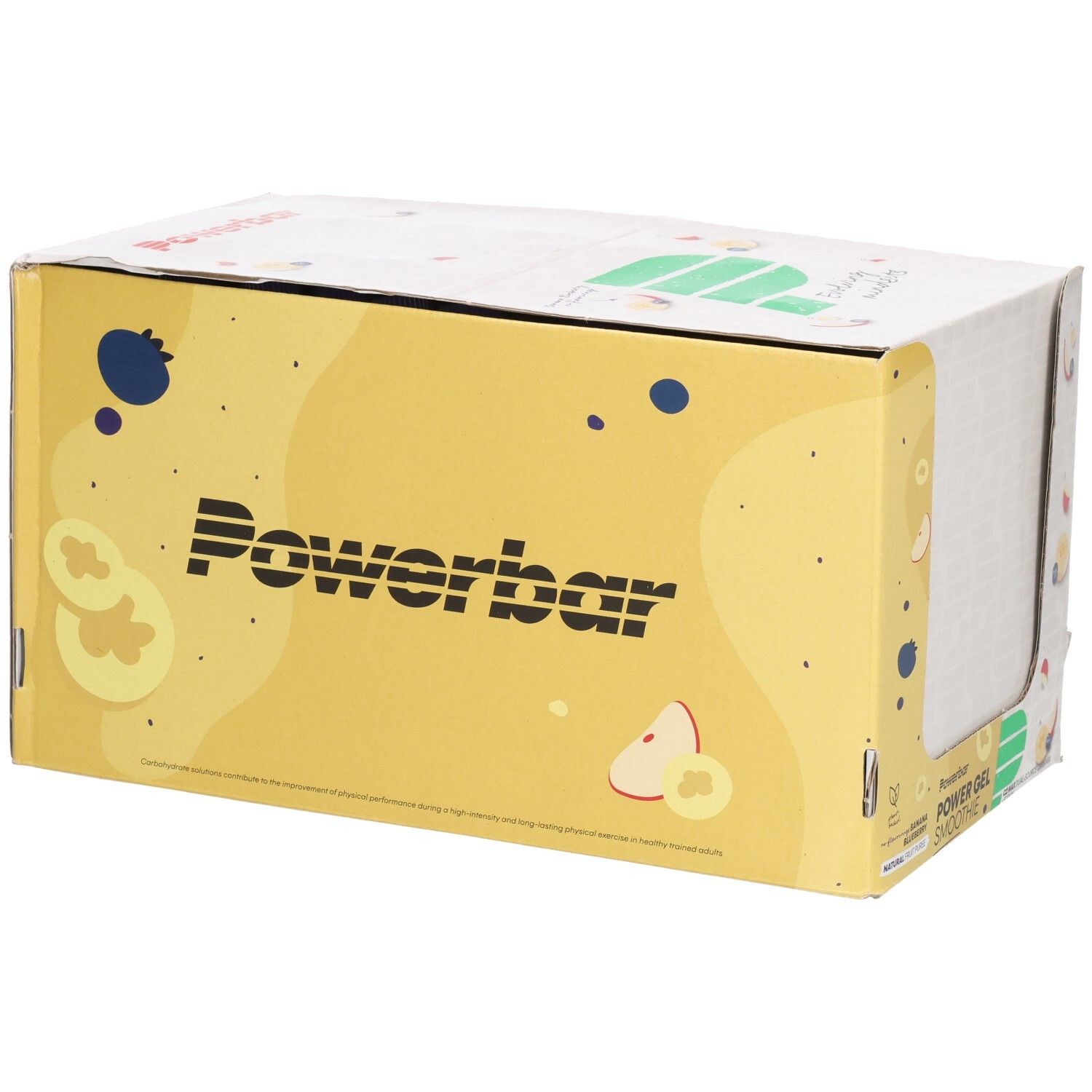 Kartonverpackung mit Powerbar-Logo. Gelbe und weiße Farbgebung. Illustrationen von Früchten. Schriftzug Powerbar.