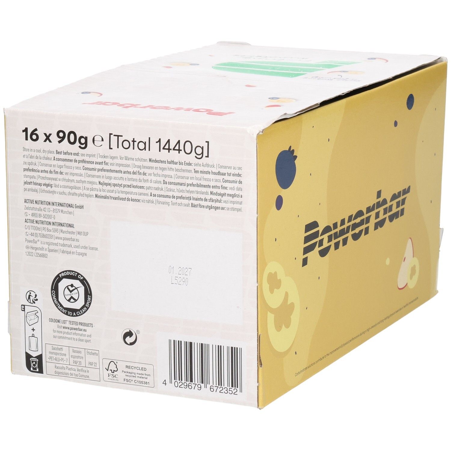 Kartonverpackung mit Produktinformationen. Aufdrucke: Powerbar, 16 x 90g, Total 1440g. Rückseite mit Text und Logos.