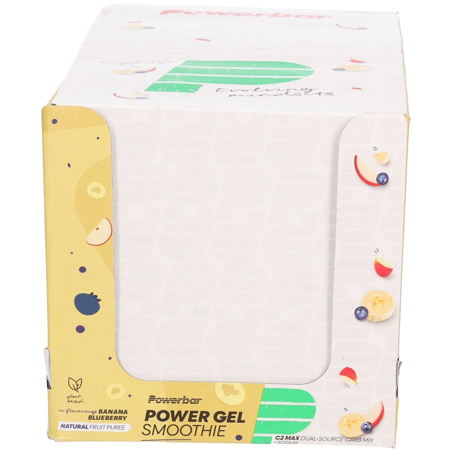 Kartonverpackung mit Powerbar PowerGel Smoothie. Aufdrucke: Banana Blueberry, Smoothie. Sichtfenster. Illustrationen von Früchten.