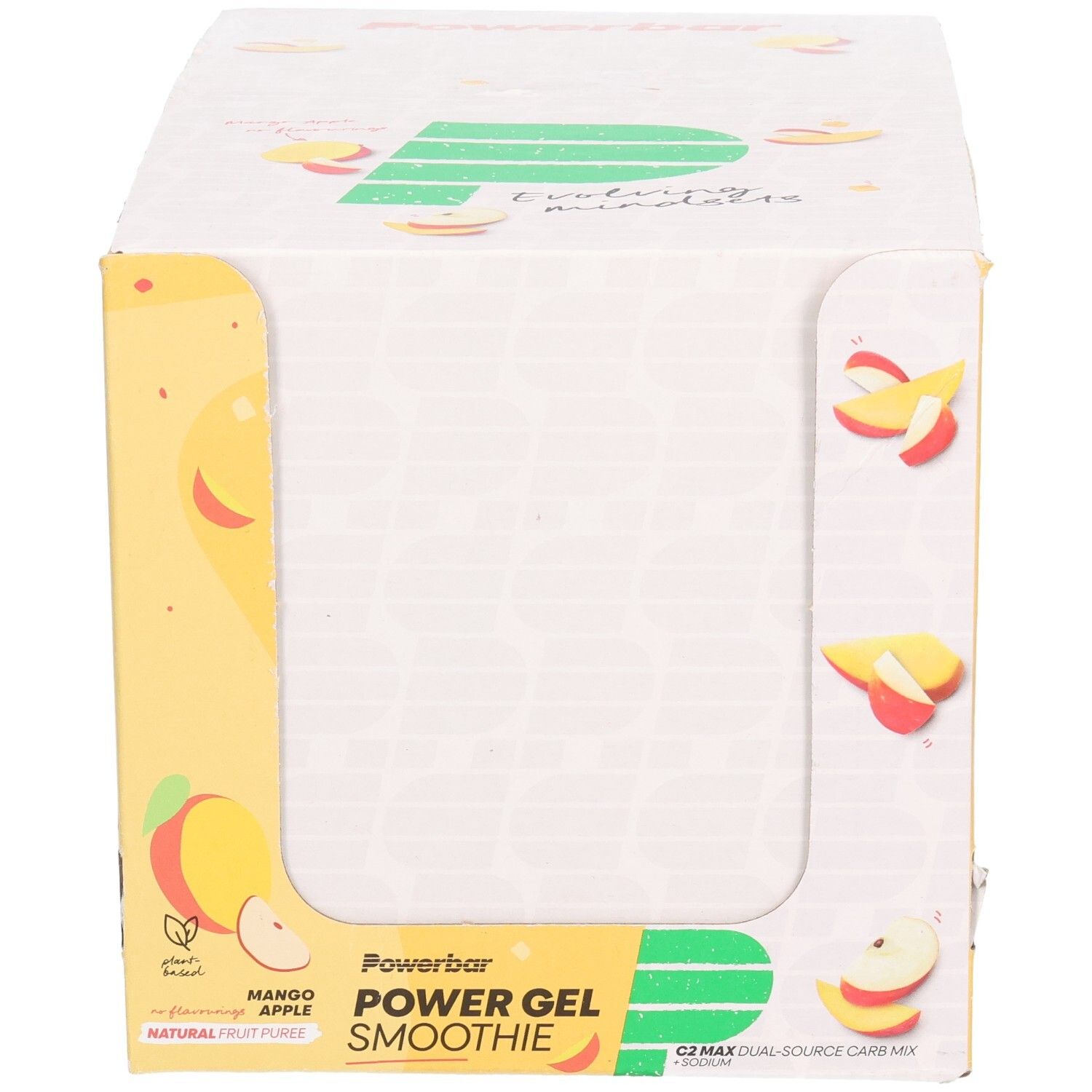 Kartonverpackung mit Powerbar PowerGel Smoothie Mango Apple. Sichtfenster, Mango- und Apfel-Illustrationen, Produktname und Logo.