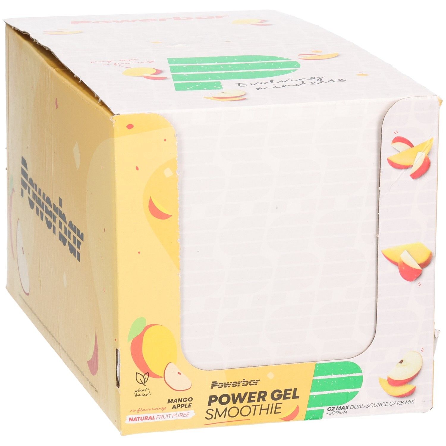 Kartonverpackung mit Powerbar PowerGel Smoothie Mango Apple. Sichtfenster, Mango- und Apfel-Illustrationen, Produktname und Logo.