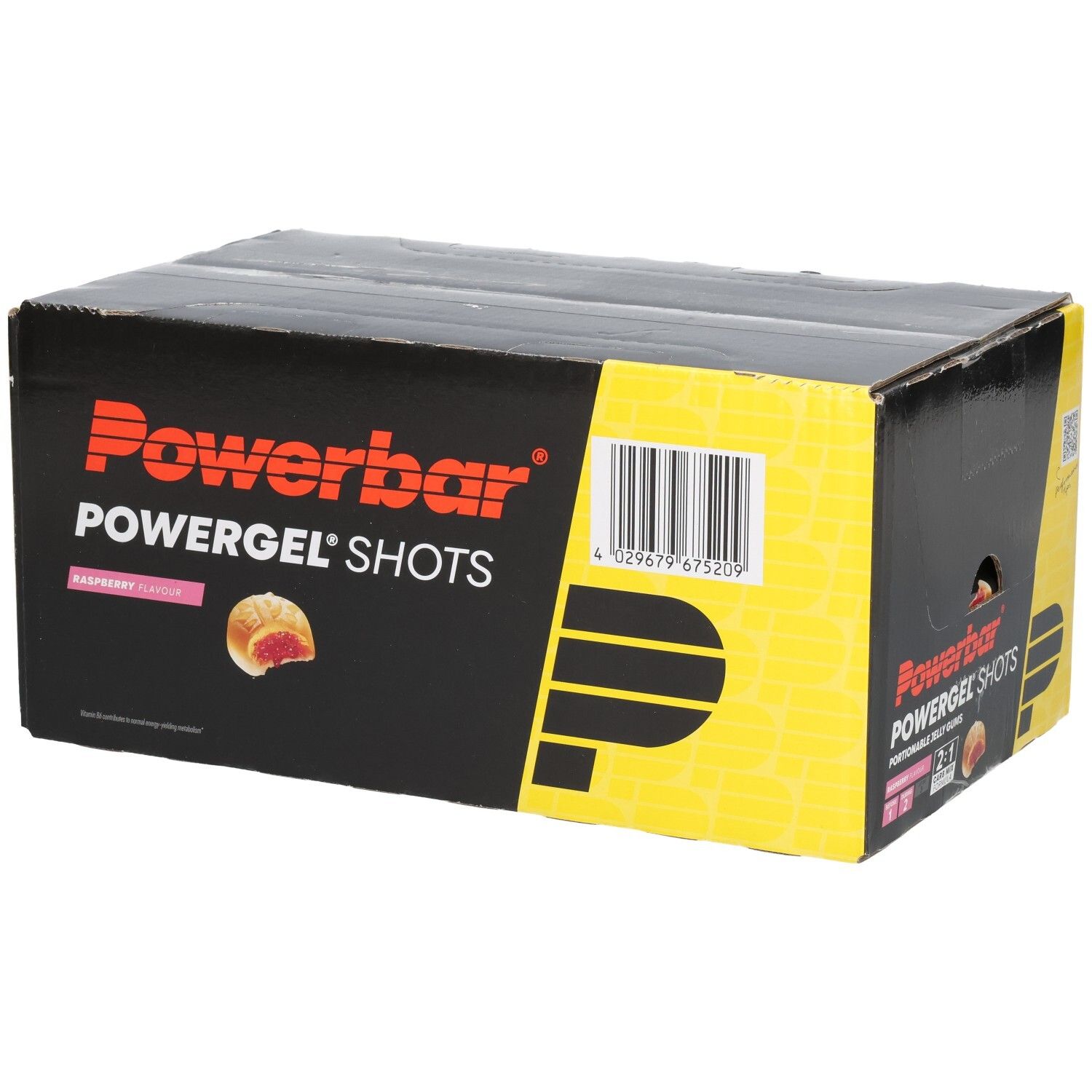 Boîte noire Powerbar Powergel Shots. Inscriptions: framboise, code-barres, pictogramme. Accents jaunes et rouges.