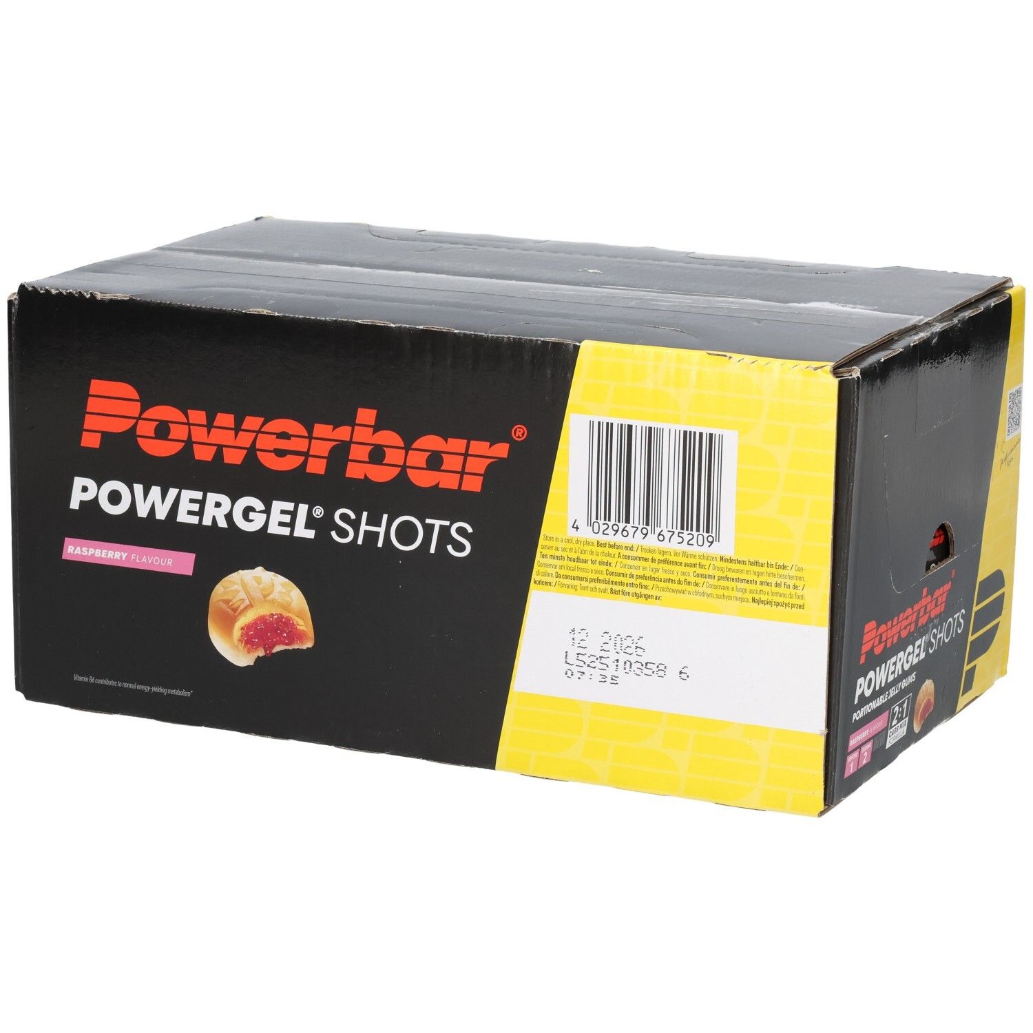 Boîte noire Powerbar Powergel Shots. Inscriptions: framboise, code-barres, date de péremption. Accents jaunes et rouges.