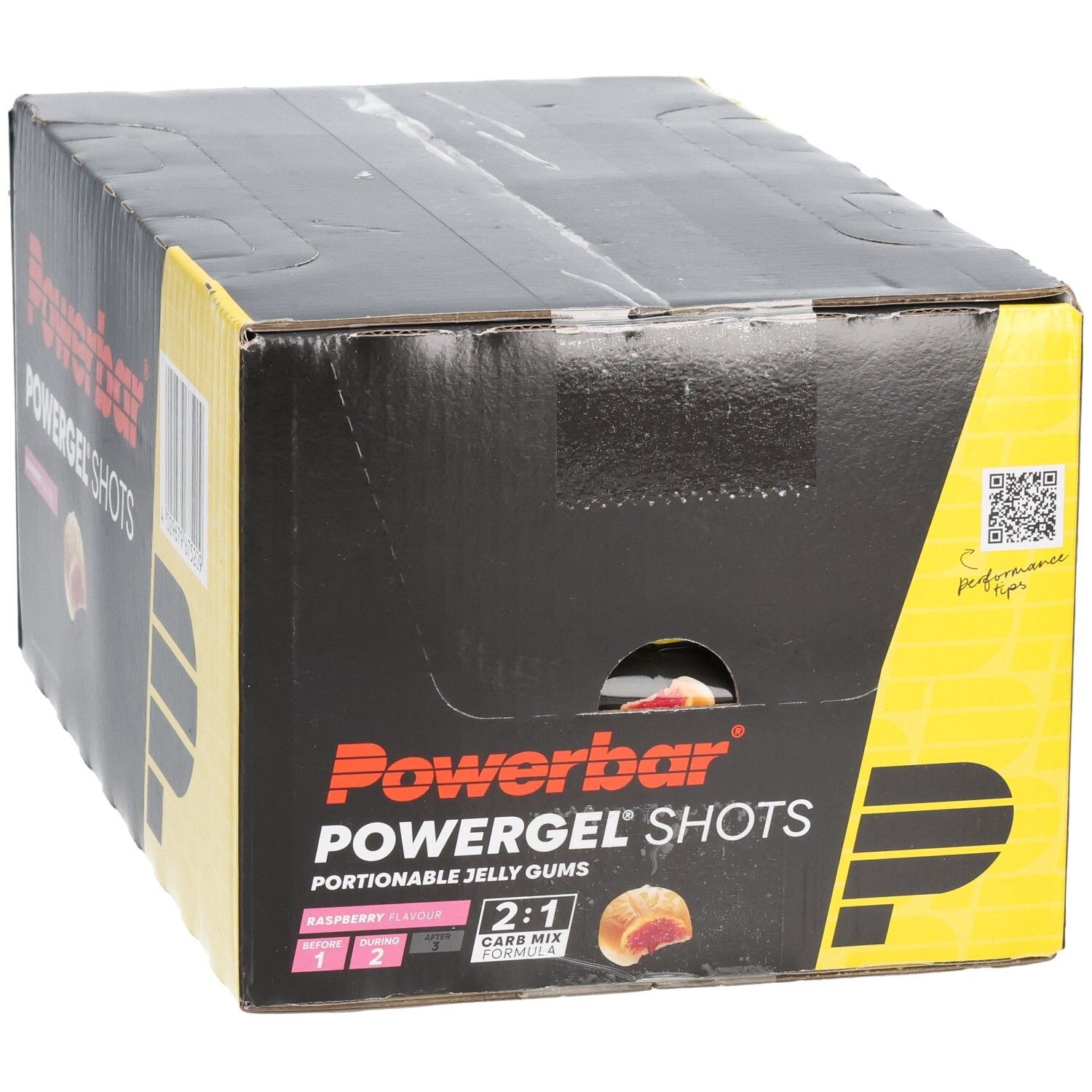 Boîte noire Powerbar Powergel Shots. Inscriptions: framboise, 2:1 Carb Mix, pictogrammes. Accents jaunes et rouges.