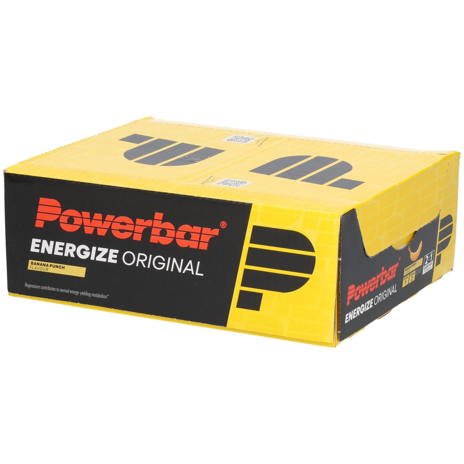 Gelbe Kartonverpackung mit "Powerbar Energize Original"-Logo. Aufschrift "Banana Punch".