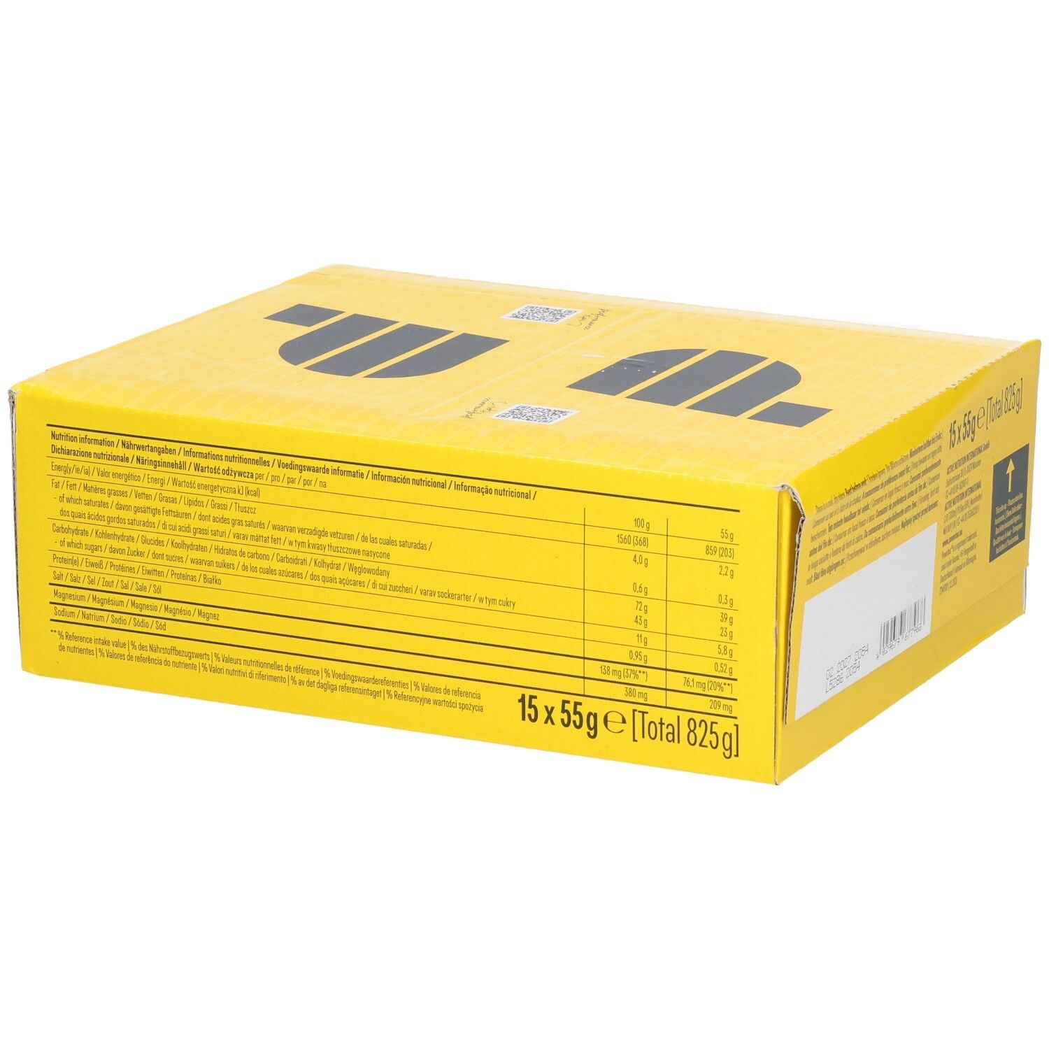 Gelbe Kartonverpackung mit Nährwertangaben. Aufschrift "15 x 55g".
