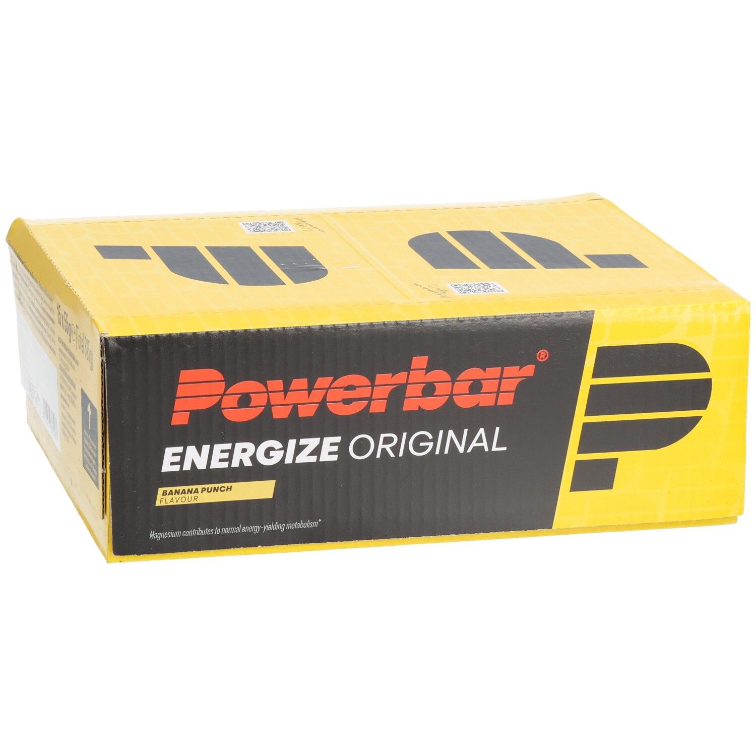 Gelbe Kartonverpackung mit "Powerbar Energize Original"-Logo. Aufschrift "Banana Punch".