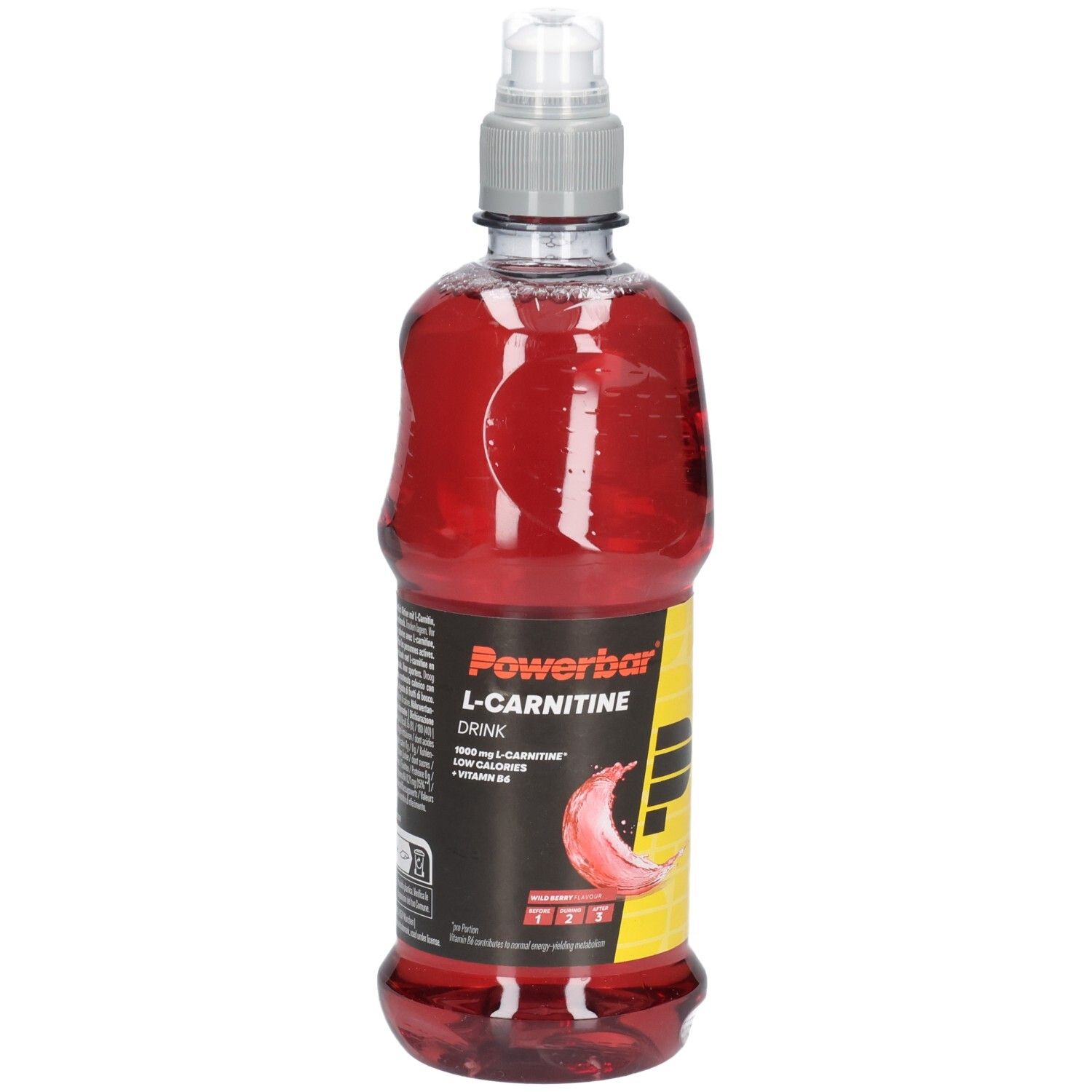 Flasche mit roter Flüssigkeit. Aufschrift: Powerbar L-Carnitin Drink. Mit Vitamin B6. Transparente Flasche mit grauem Deckel.