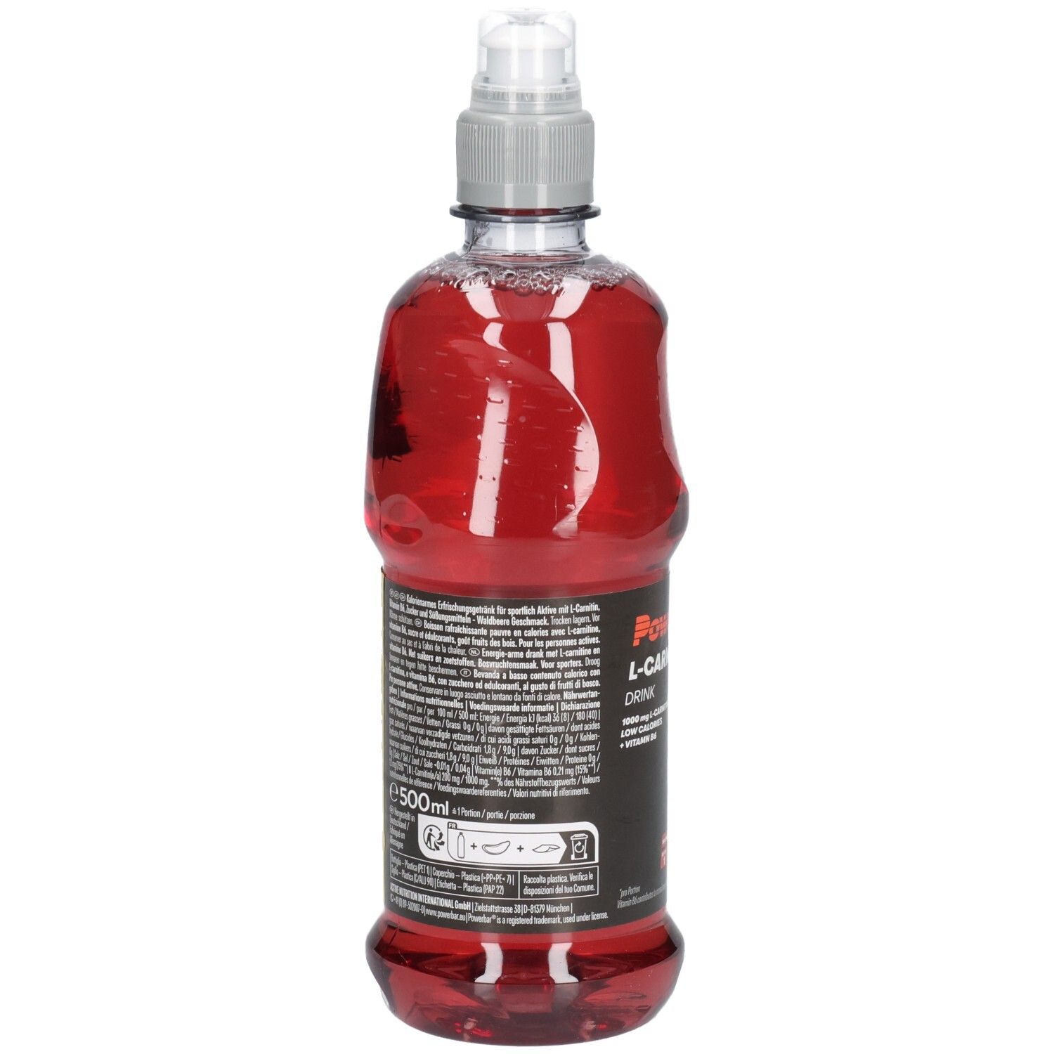 Rückseite einer Flasche mit roter Flüssigkeit. Text auf Etikett. Transparente Flasche mit grauem Deckel. Volumen: 500ml.