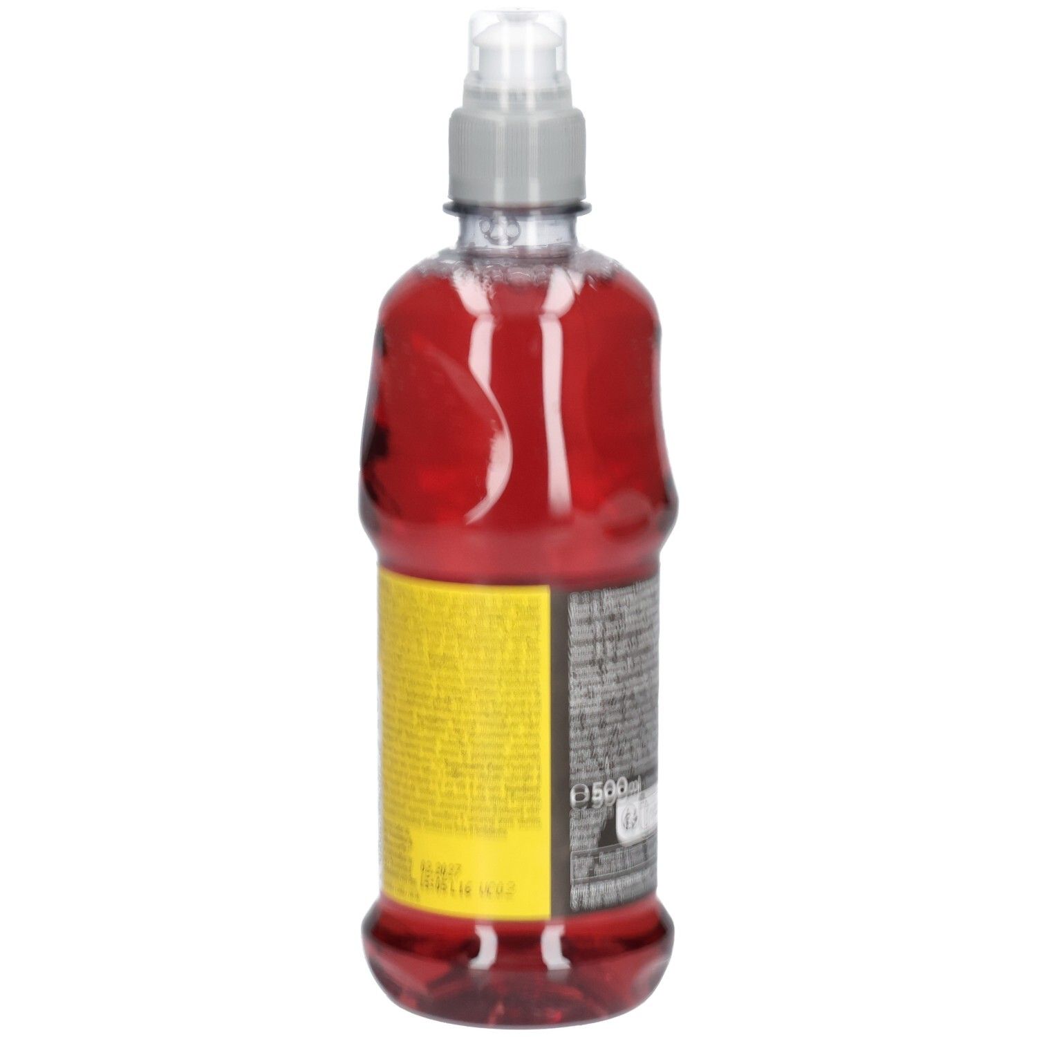 Rückseite einer Flasche mit roter Flüssigkeit. Gelbes Etikett mit Text. Transparente Flasche mit grauem Deckel. Volumen: 500ml.