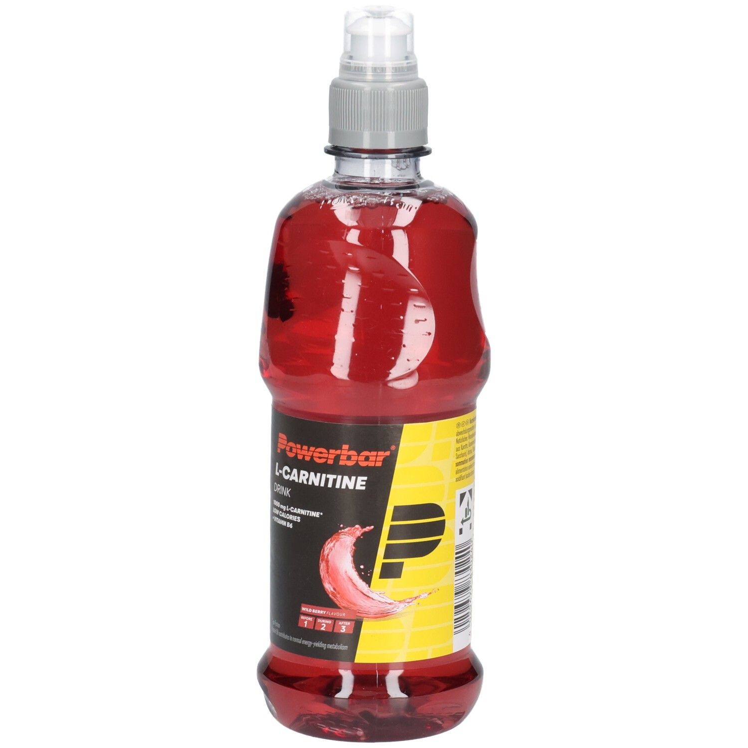 Flasche mit roter Flüssigkeit. Aufschrift: Powerbar L-Carnitin Drink. Mit Vitamin B6. Transparente Flasche mit grauem Deckel.