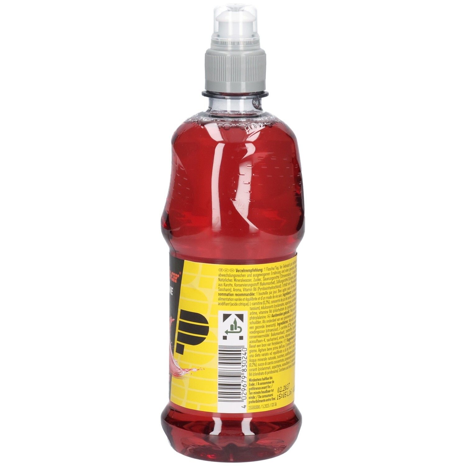 Rückseite einer Flasche mit roter Flüssigkeit. Gelbes Etikett mit Text. Transparente Flasche mit grauem Deckel. Volumen: 500ml.