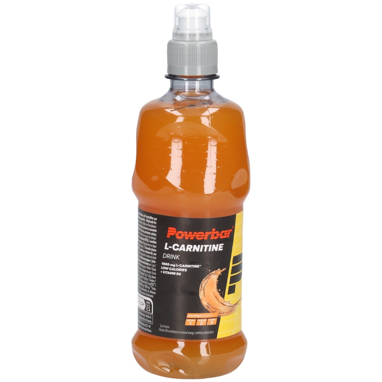 Flasche mit orangenem Getränk. Aufschrift: Powerbar L-Carnitine Drink. Mit Bananen-Grafik. Grauer Verschluss.
