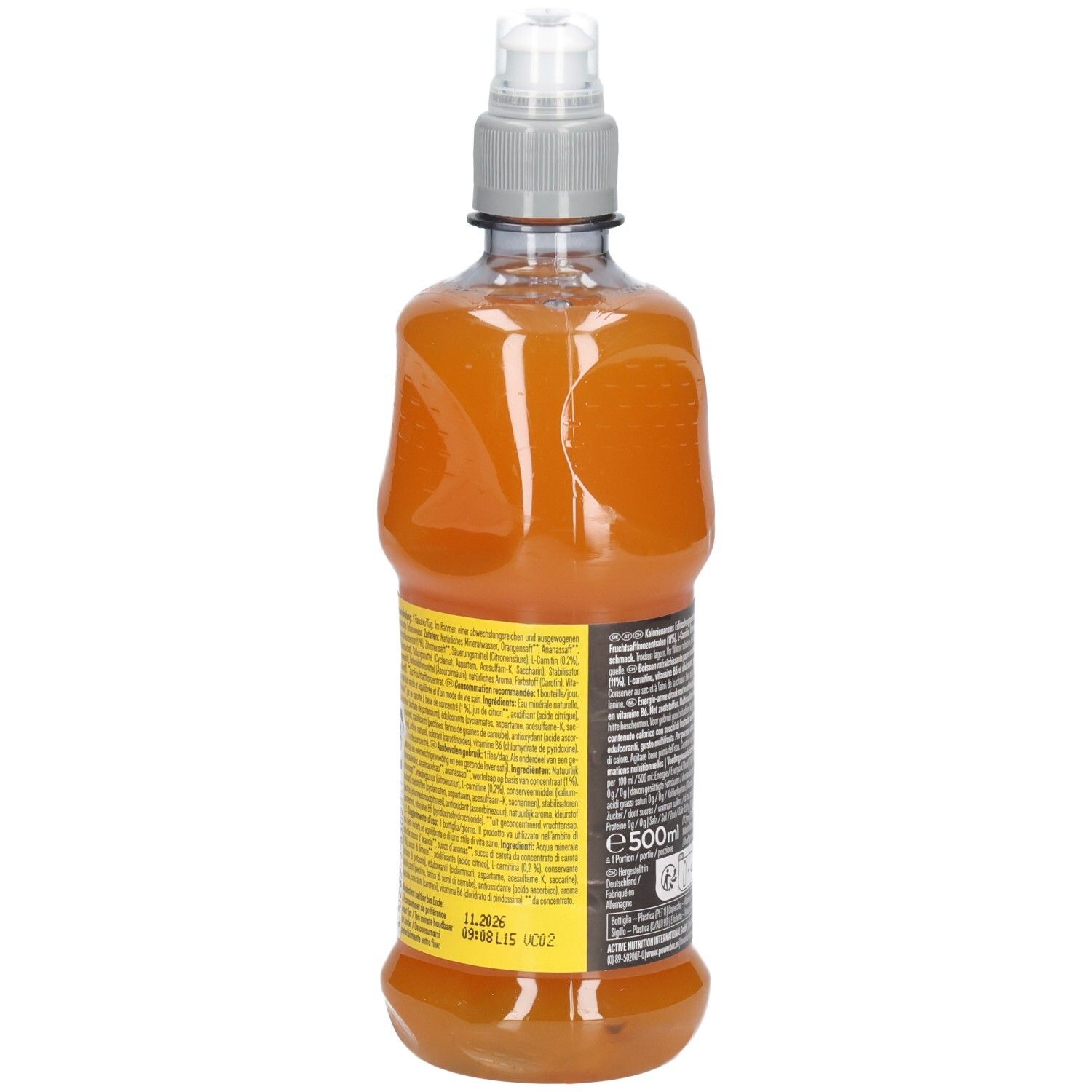 Rückseite der Flasche mit orangenem Getränk. Text und Informationen auf dem Etikett. Grauer Verschluss.