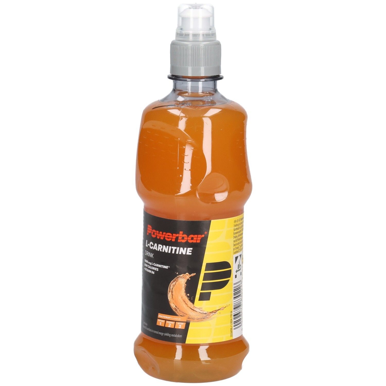 Flasche mit orangenem Getränk. Aufschrift: Powerbar L-Carnitine Drink. Mit Bananen-Grafik. Grauer Verschluss.