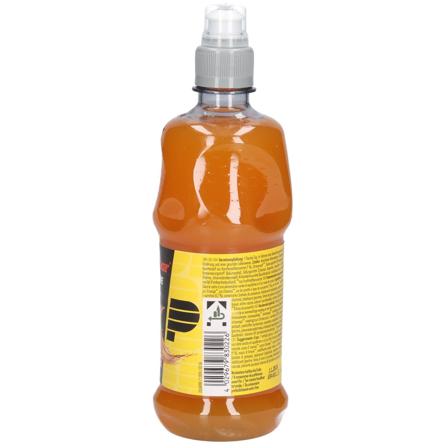 Rückseite der Flasche mit orangenem Getränk. Text und Informationen auf dem Etikett. Grauer Verschluss.