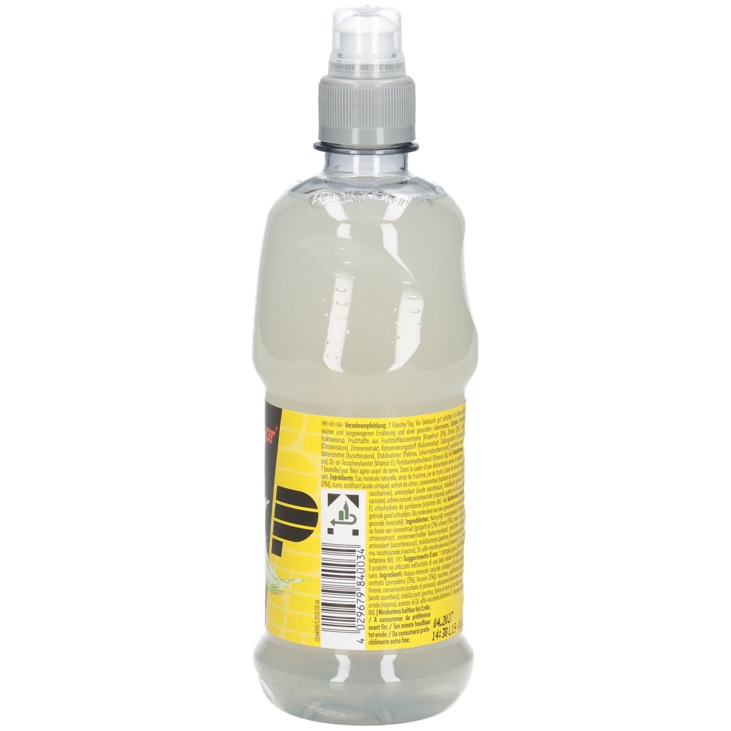 Rückseite der Powerbar Isolite Flasche. Text auf gelbem Etikett. Grauer Verschluss. Transparente Flasche mit Flüssigkeit. Barcode.