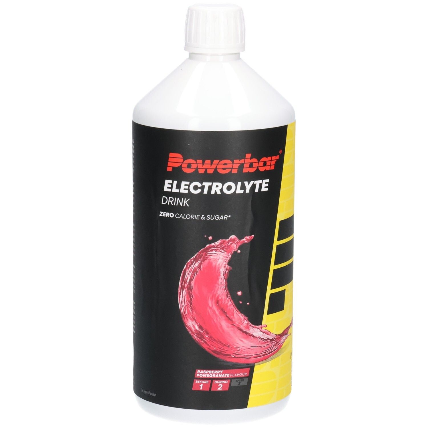 Weiße Flasche mit rotem und schwarzem Etikett. Powerbar Electrolyte Drink, Zero Calorie & Sugar. Abbildung einer roten Flüssigkeit.