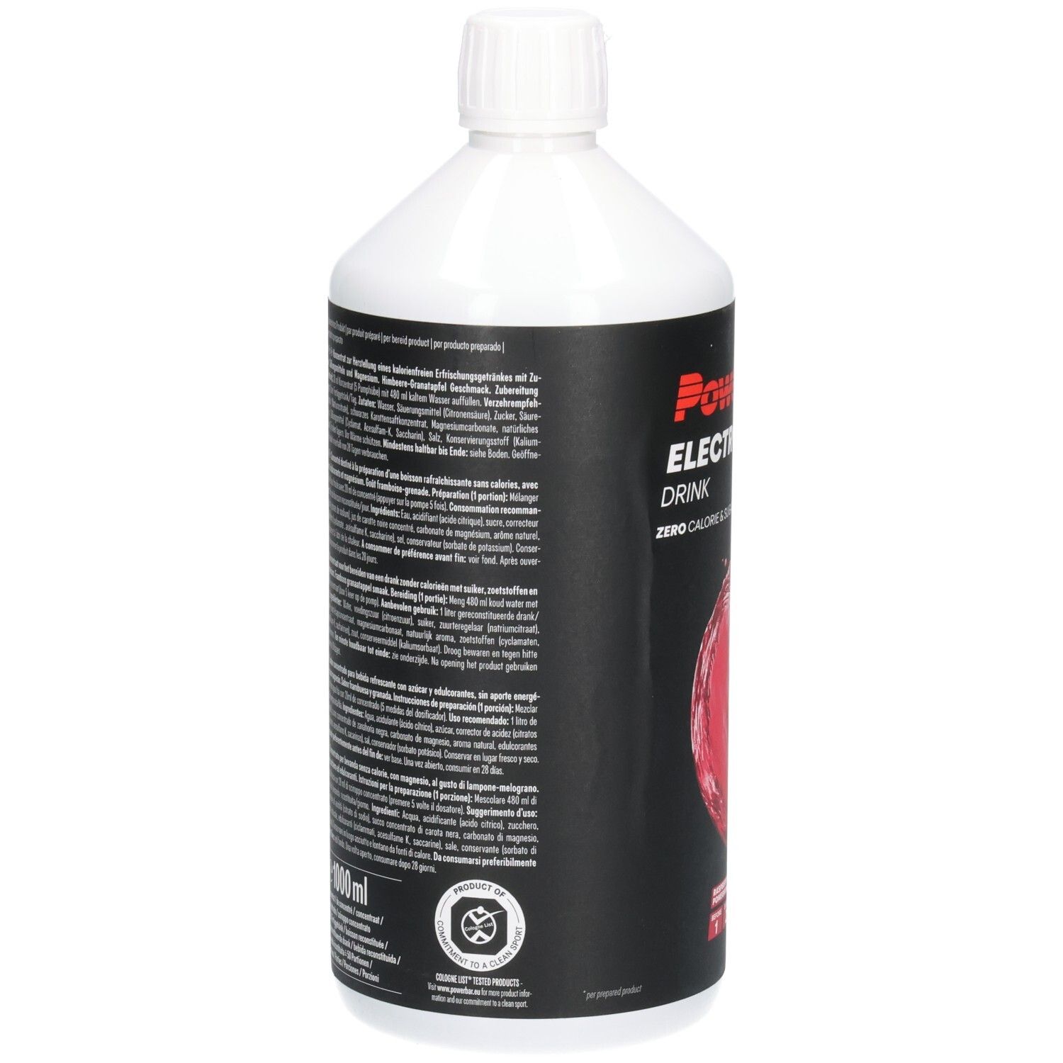 Weiße Flasche mit schwarzem Etikett. Text in mehreren Sprachen. Logo und Text: Powerbar Electrolyte Drink. 1000 ml. Zertifizierungen.