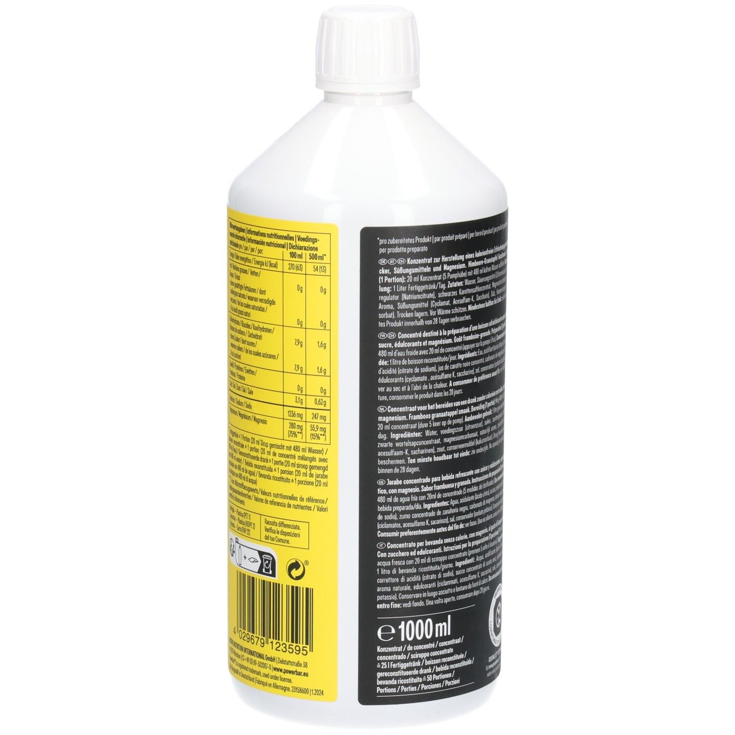 Weiße Flasche mit gelbem und schwarzem Etikett. Text in mehreren Sprachen. Nährwertangaben. 1000 ml. Barcode.