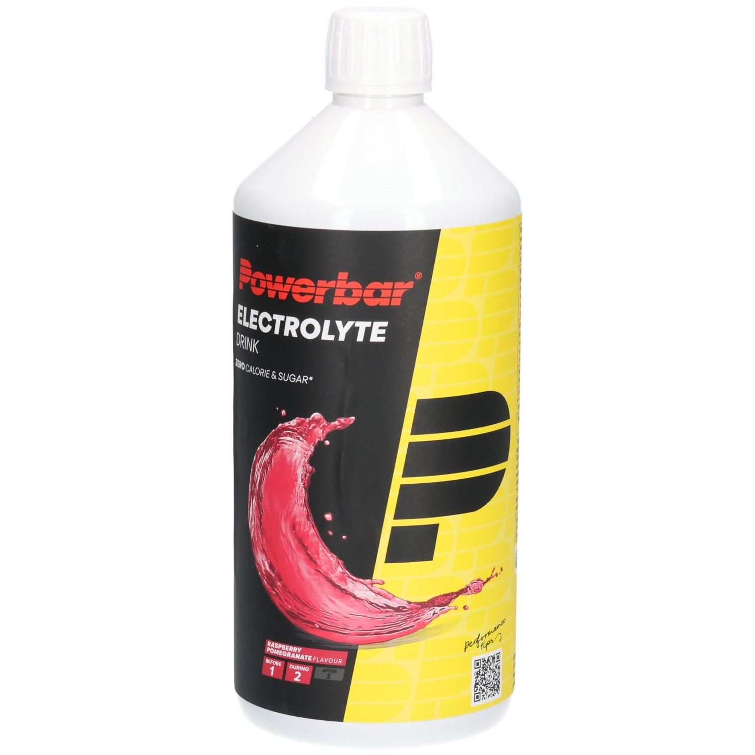 Weiße Flasche mit rotem und gelbem Etikett. Powerbar Electrolyte Drink, Zero Calorie & Sugar. Abbildung einer roten Flüssigkeit. Logo P.