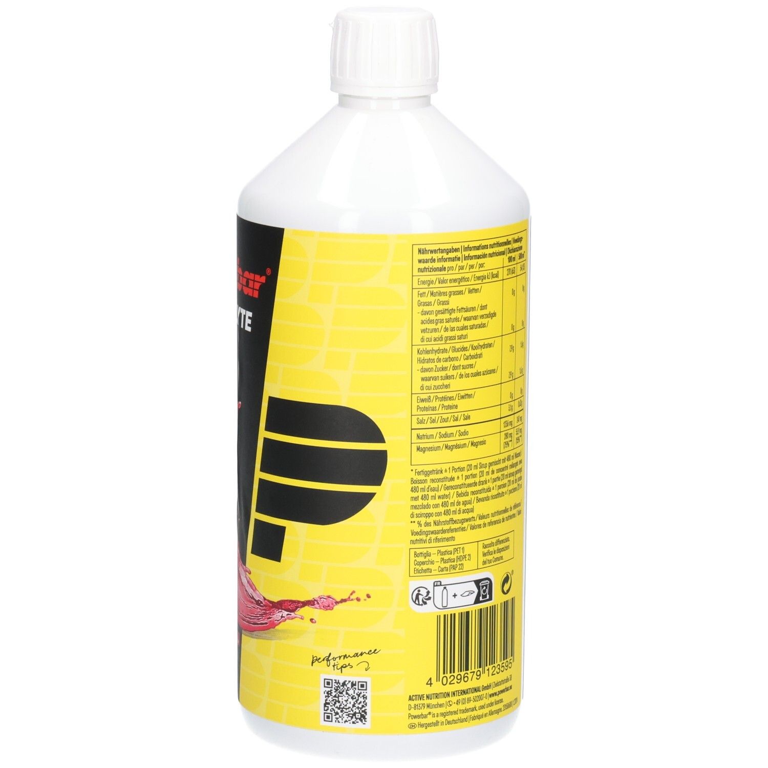 Weiße Flasche mit gelbem Etikett. Powerbar Electrolyte Drink. Nährwertangaben. Logo P. Barcode. QR-Code.