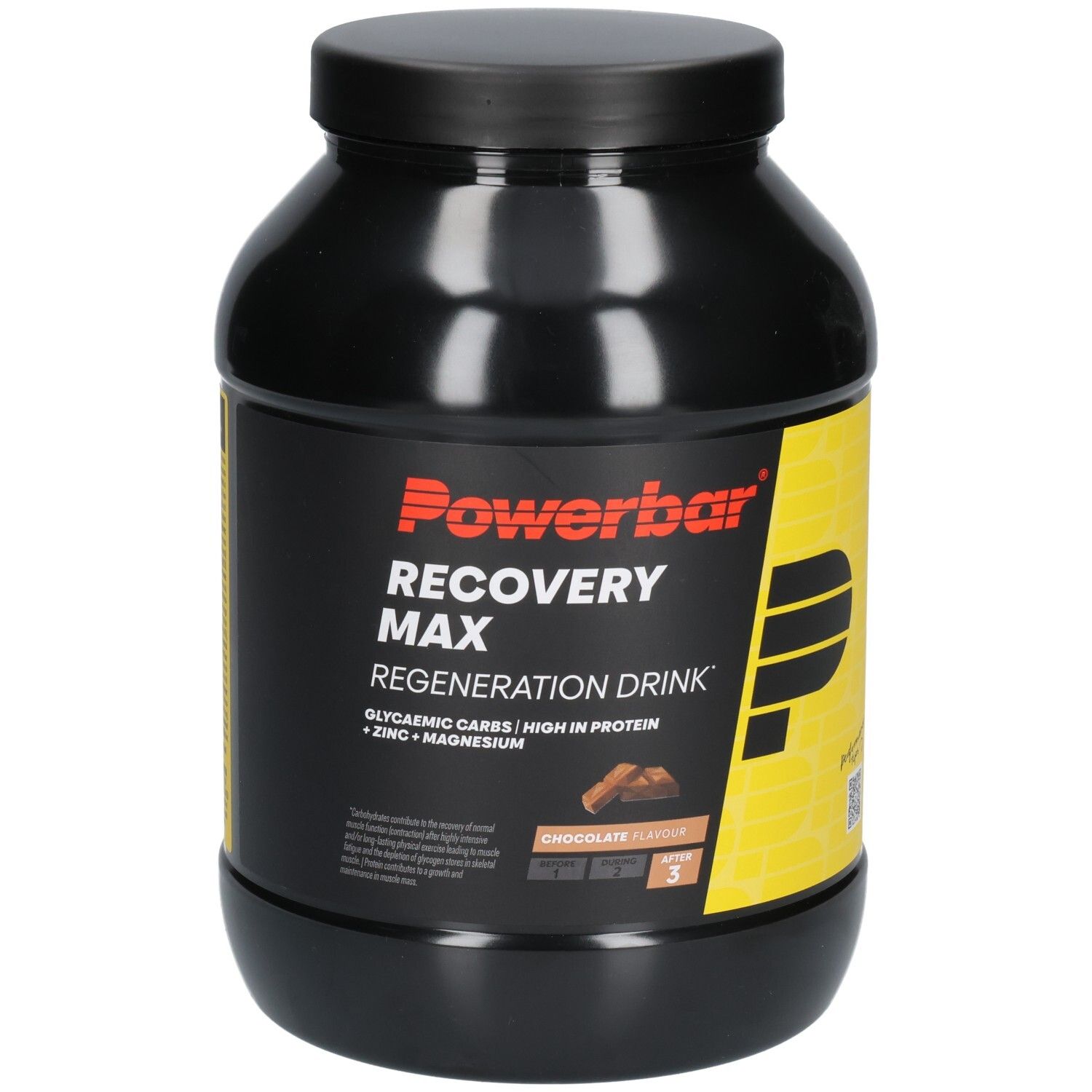Schwarze Dose mit Powerbar Recovery Max. Aufschrift: Regeneration Drink, Glykämische Kohlenhydrate, High in Protein, Zink + Magnesium. Schokoladengeschmack.