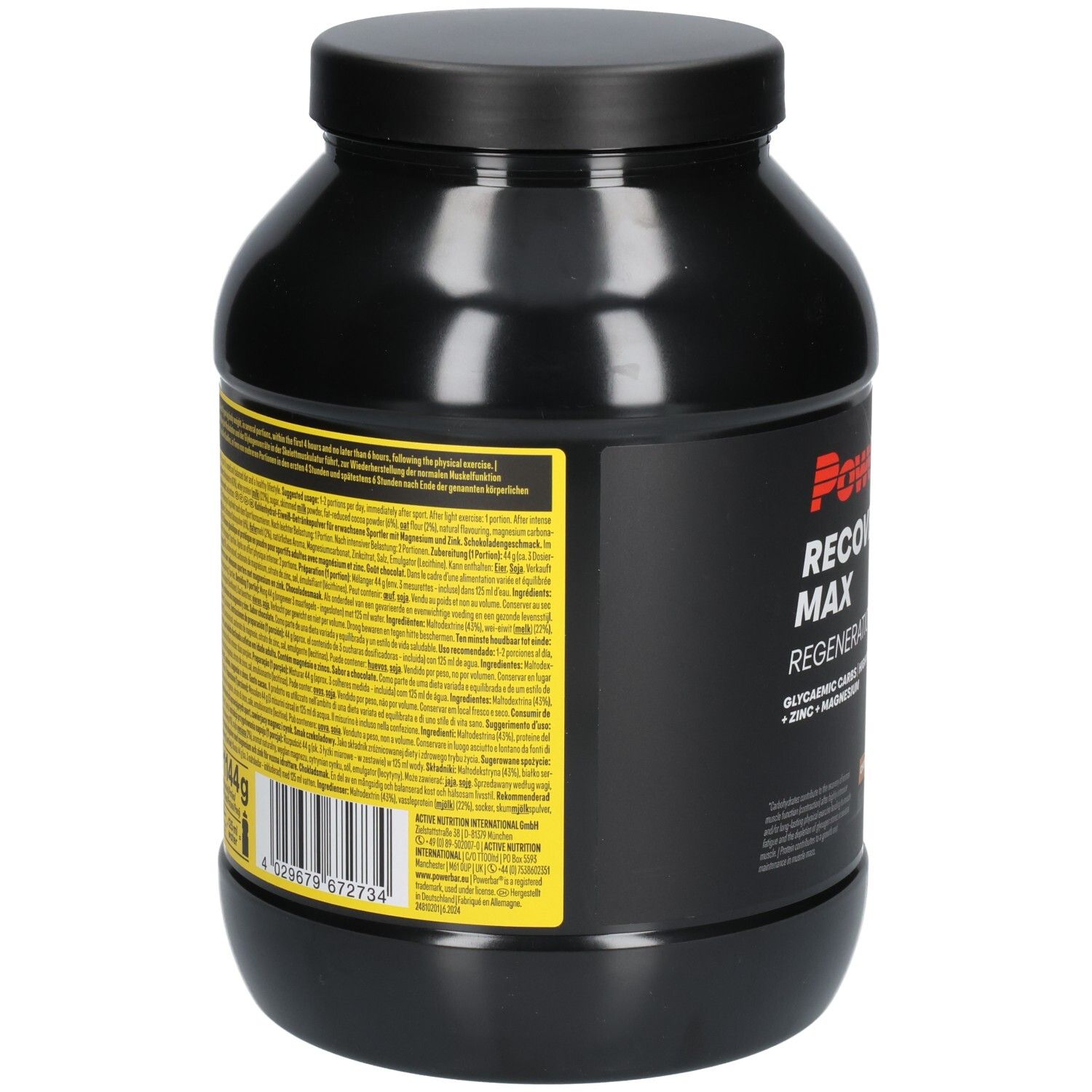 Schwarze Dose mit Powerbar Recovery Max. Rückseite mit Text und Nährwertangaben. Gelber Hintergrund. Schwarzer Deckel.
