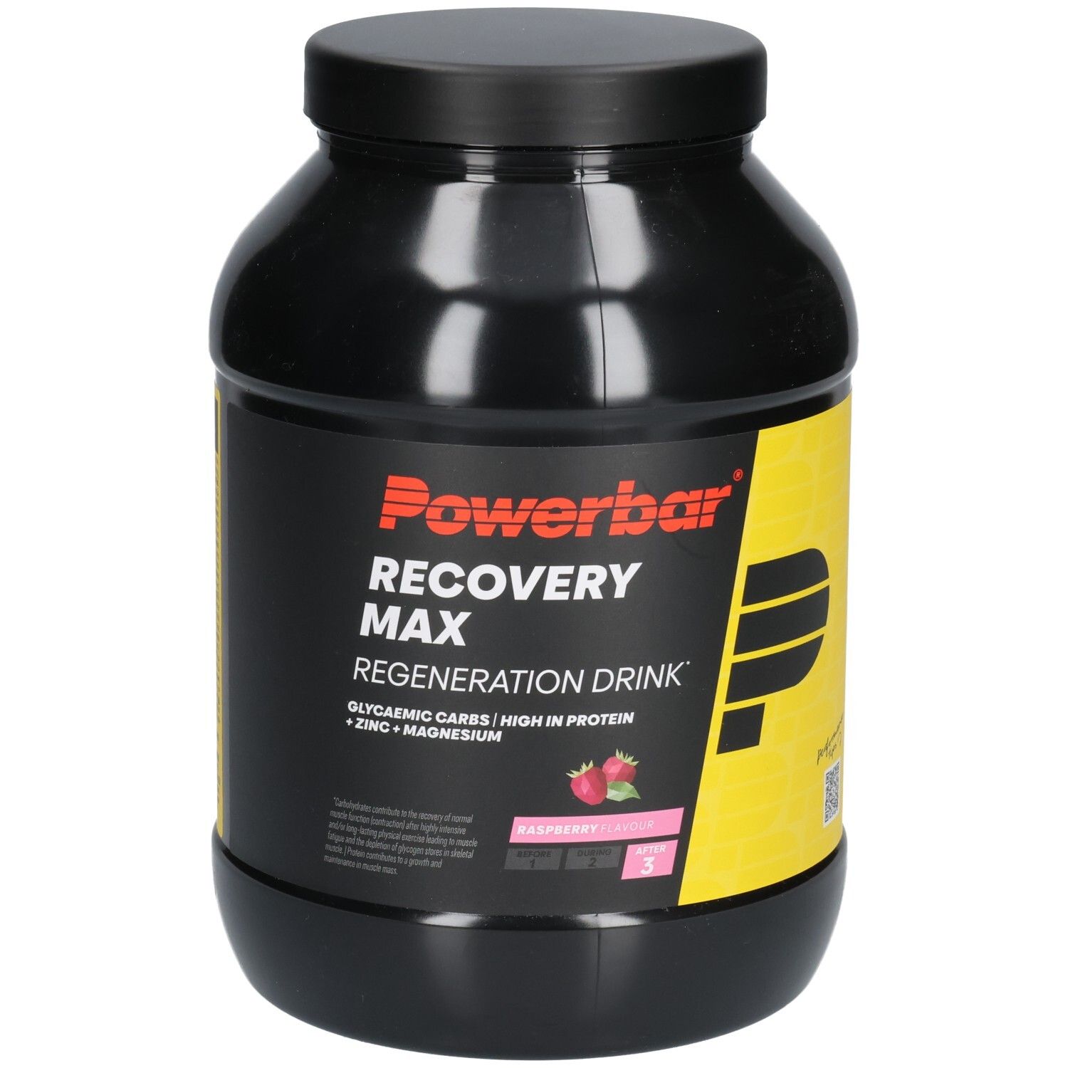 Schwarze Dose mit Powerbar-Logo und Produktbezeichnung Recovery Max. Himbeer-Geschmack. Gelber Aufkleber mit Produktinformationen.