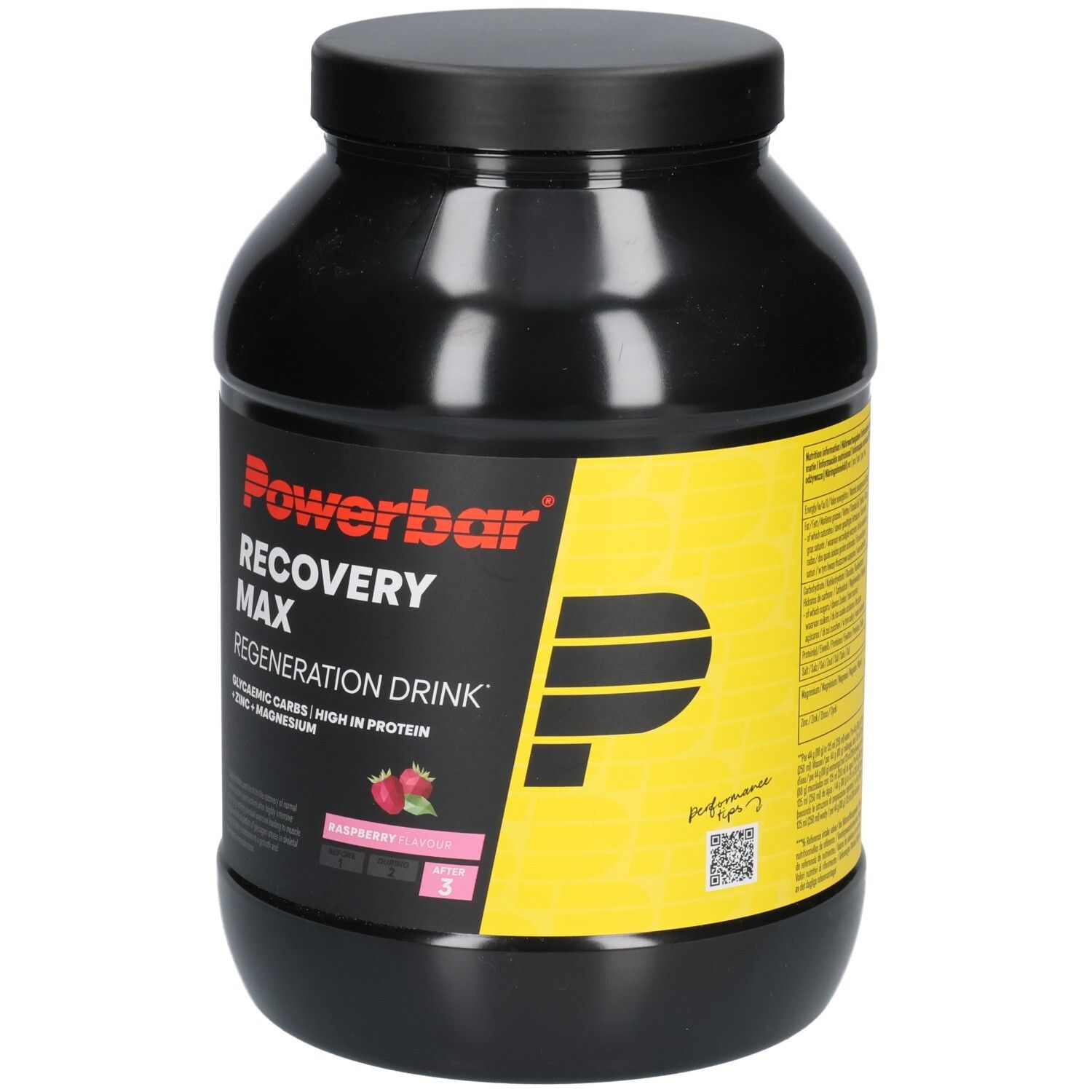 Schwarze Dose mit Powerbar-Logo und Produktbezeichnung Recovery Max. Himbeer-Geschmack. Gelber Aufkleber mit Produktinformationen.