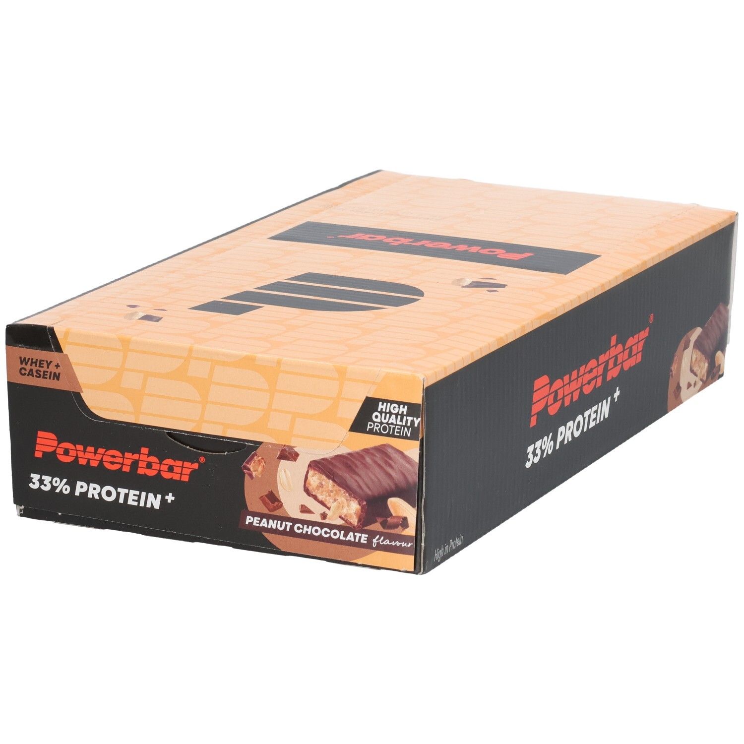 Boîte de barres protéinées. Inscription : Powerbar 33% Protein+. Illustration d'une barre saveur chocolat-cacahuète.