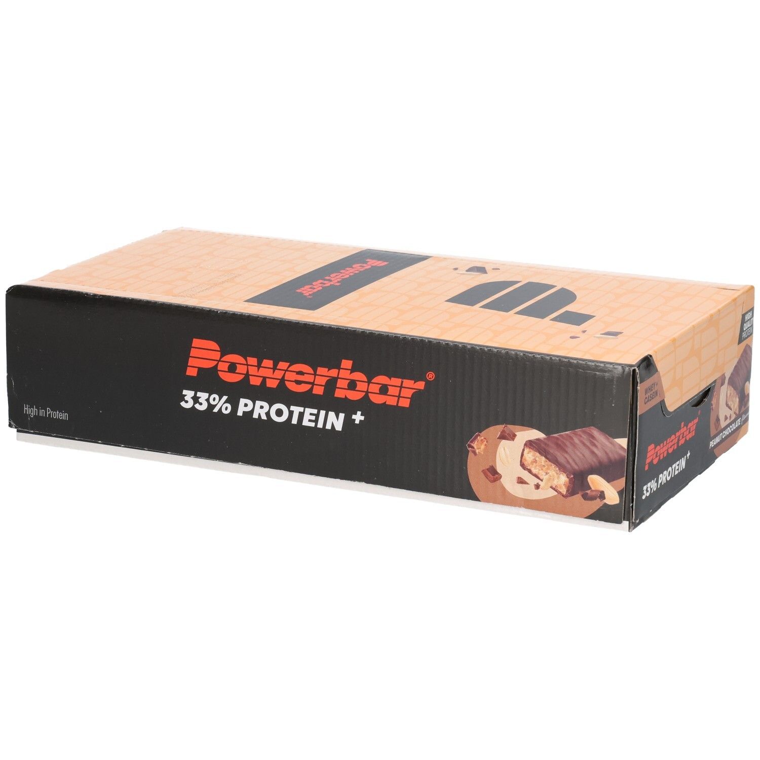 Boîte de barres protéinées. Inscription : Powerbar 33% Protein+. Illustration d'une barre saveur chocolat-cacahuète.