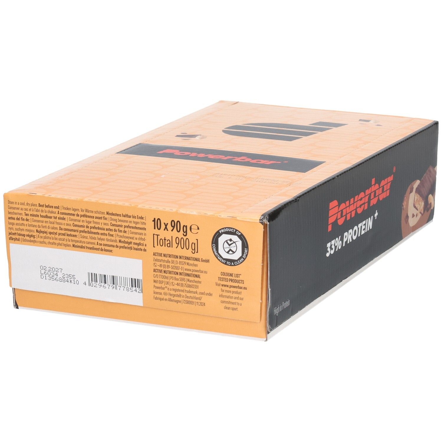 Boîte de barres protéinées. Inscription : Powerbar 33% Protein+. Contient 10 barres de 90g.