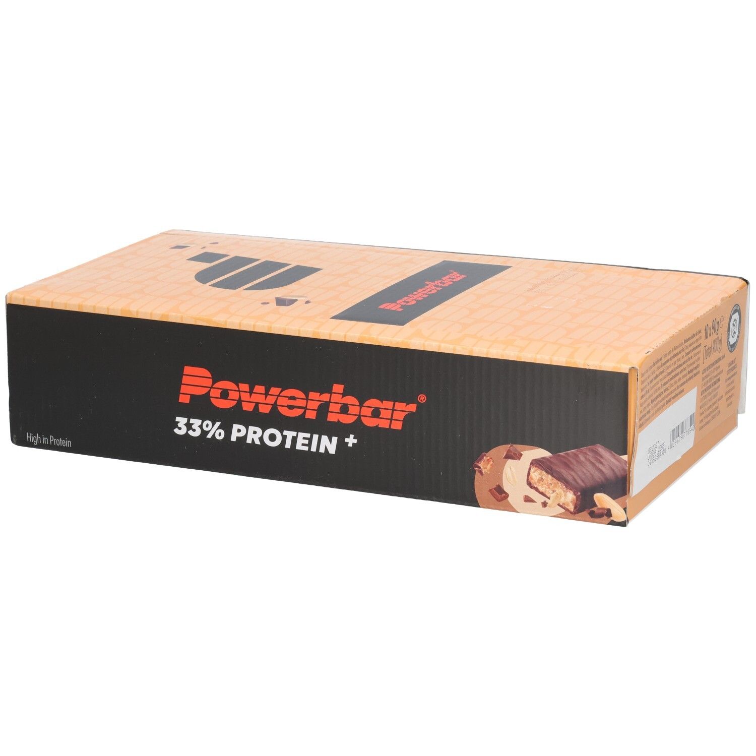 Boîte de barres protéinées. Inscription : Powerbar 33% Protein+. Illustration d'une barre saveur chocolat-cacahuète.