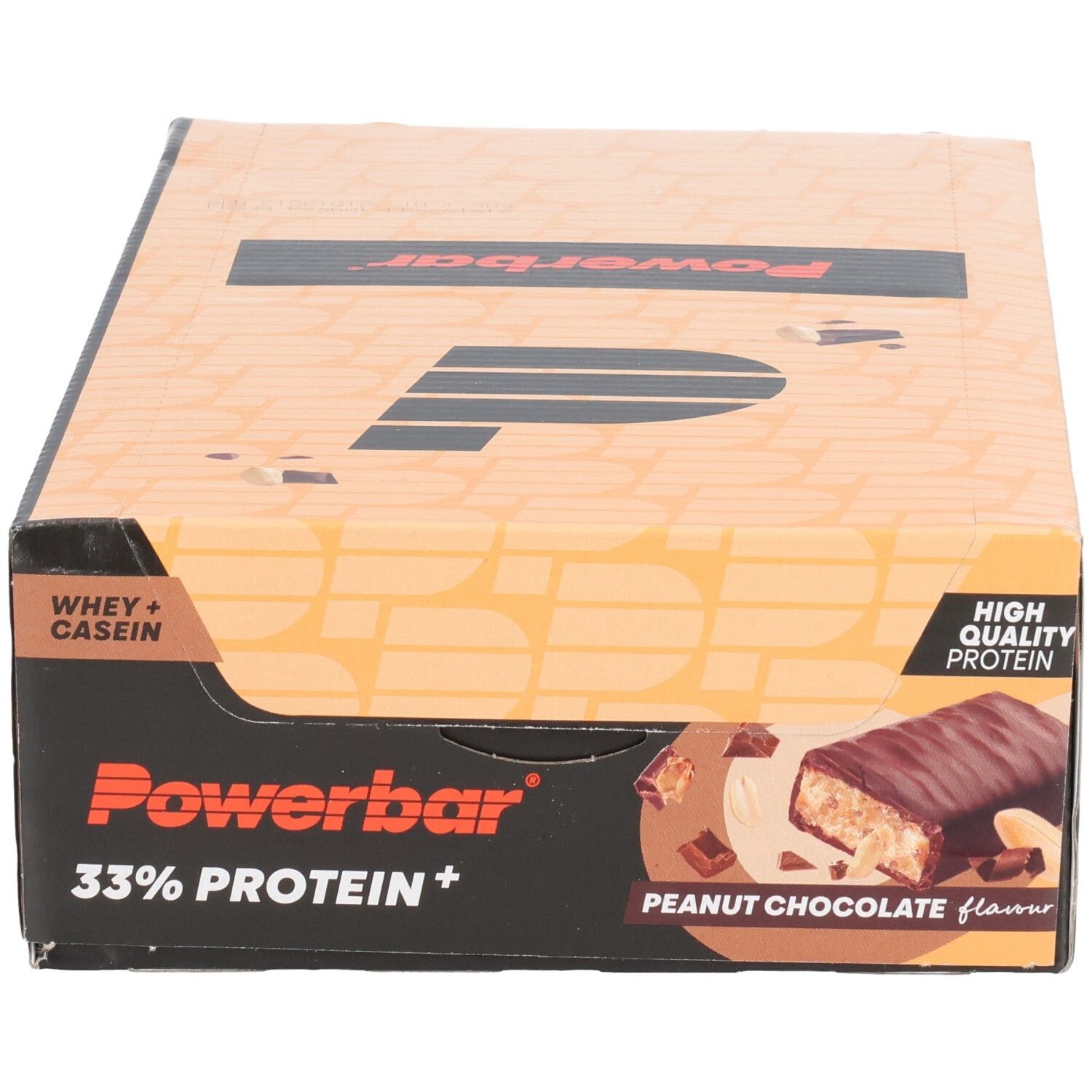 Boîte de barres protéinées. Inscription : Powerbar 33% Protein+. Illustration d'une barre saveur chocolat-cacahuète.