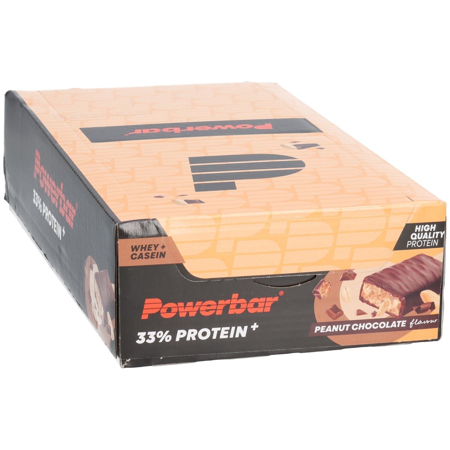 Boîte de barres protéinées. Inscription : Powerbar 33% Protein+. Illustration d'une barre saveur chocolat-cacahuète.