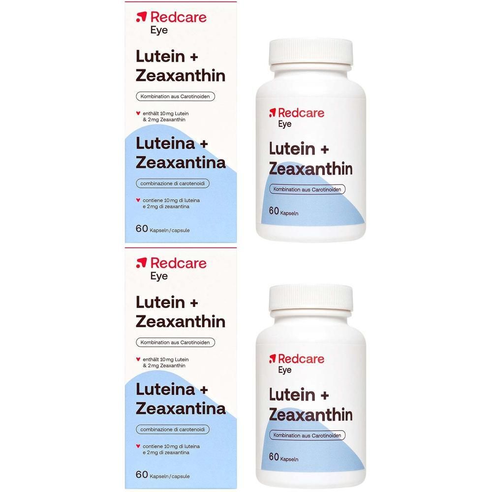 Deux boîtes et deux flacons de Redcare Eye Lutein + Zeaxanthin, chaque flacon contient 60 gélules.
