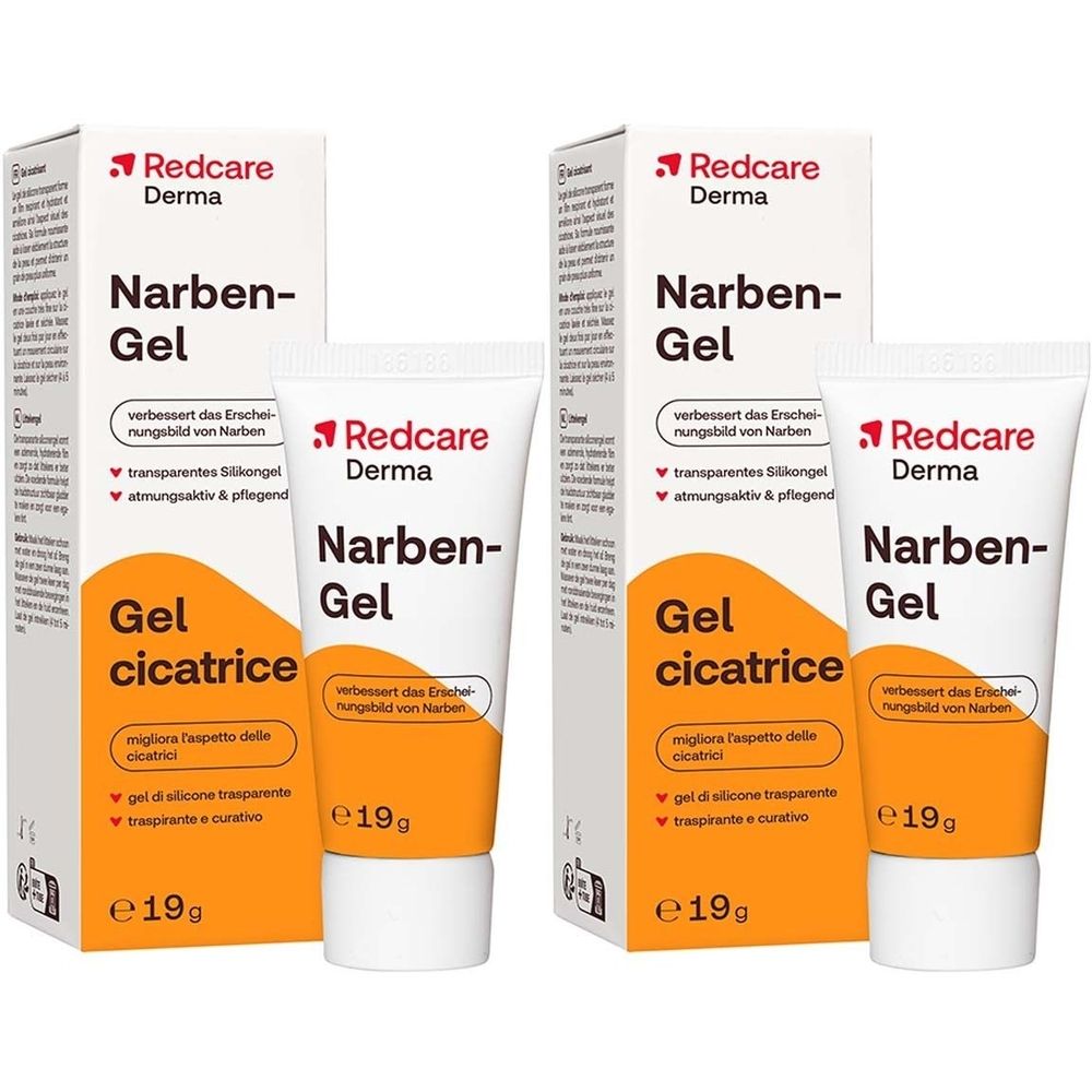 Deux tubes de gel cicatriciel avec emballage. Tubes blancs avec texte rouge et noir. Boîte avec nom et logo du produit.