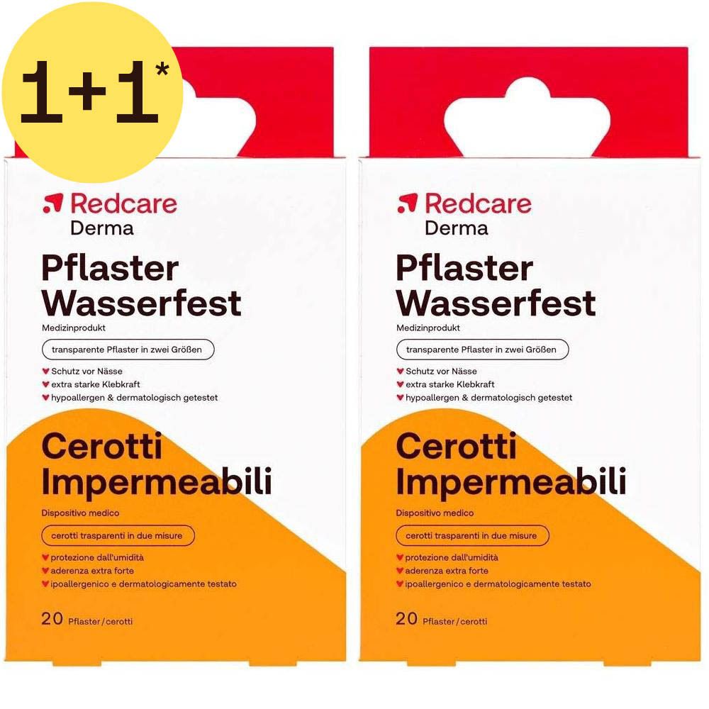 Zwei Packungen Redcare Pflaster Wasserfest, 20 Stück, auf weißer Verpackung mit orangefarbenen Akzenten.