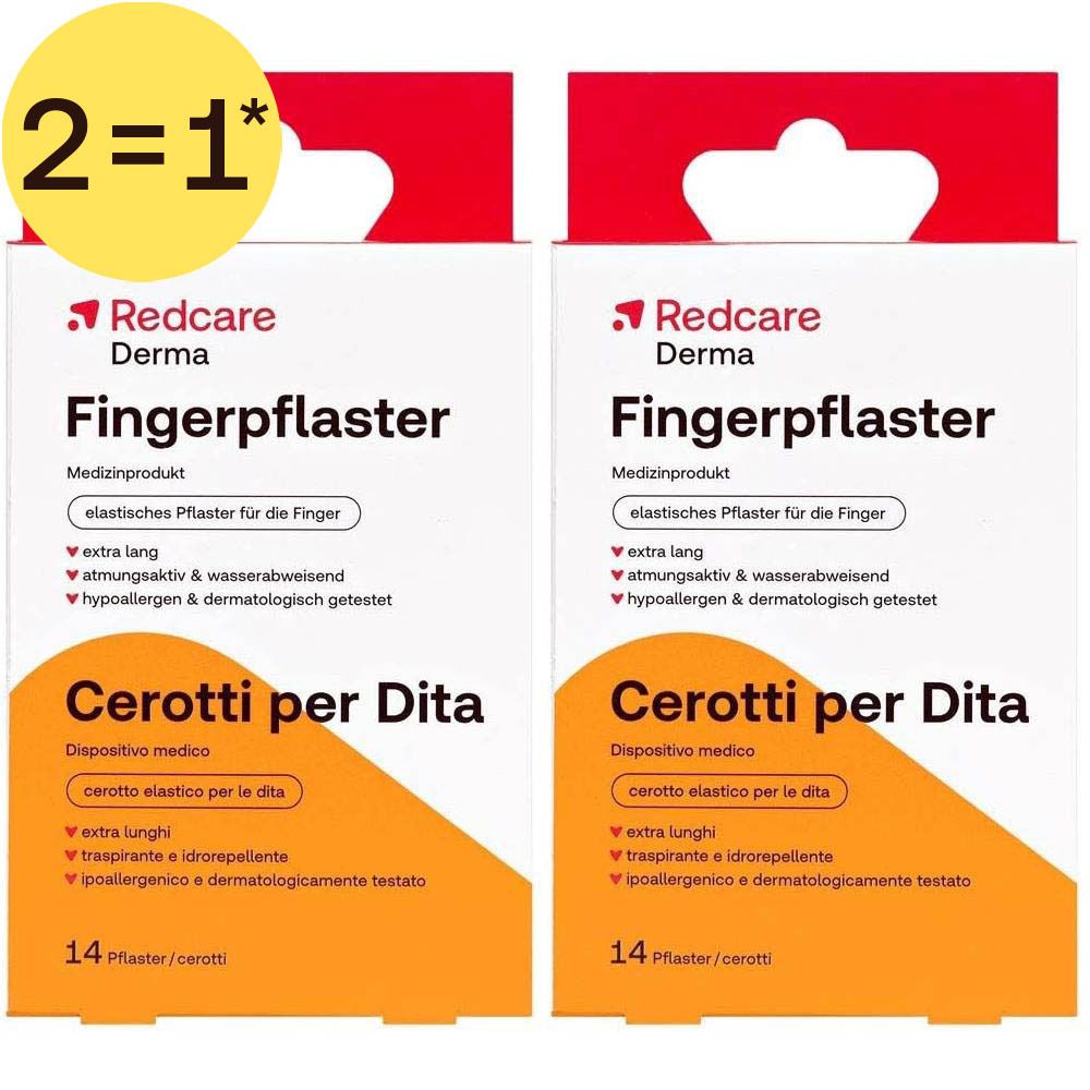 Deux paquets de pansements pour doigts Redcare Derma, élastiques, extra longs, respirants et imperméables.
