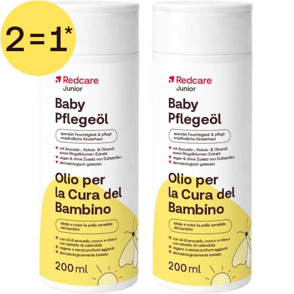 Deux flacons d'huile de soin pour bébé Redcare Junior, 200ml.