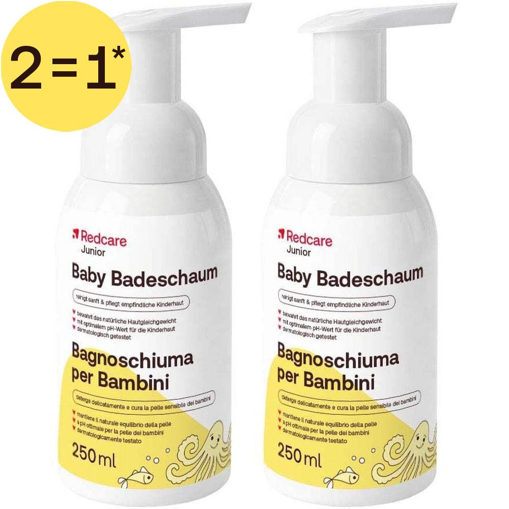 Deux flacons de mousse de bain Redcare Junior pour bébé avec distributeur à pompe, 250ml chacun.