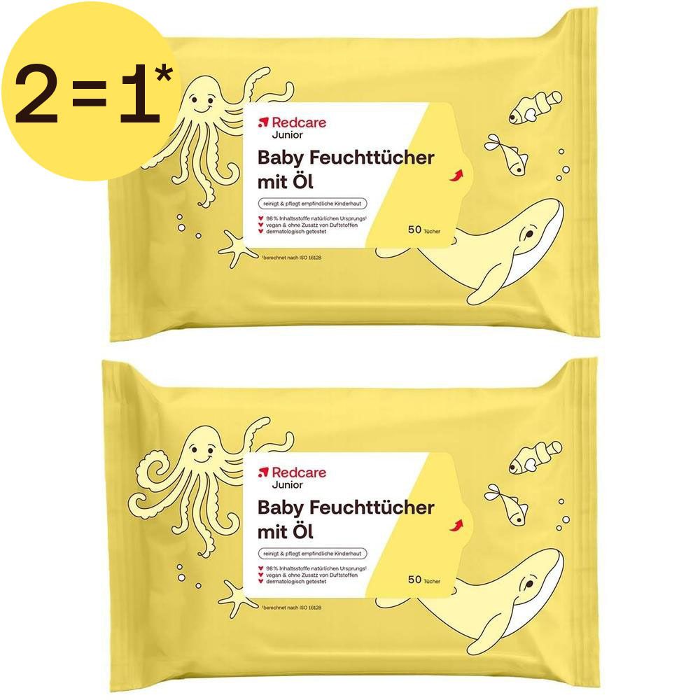 Deux paquets de lingettes humides Redcare Junior Baby mit Öl, offre 2=1, 50 lingettes par paquet.