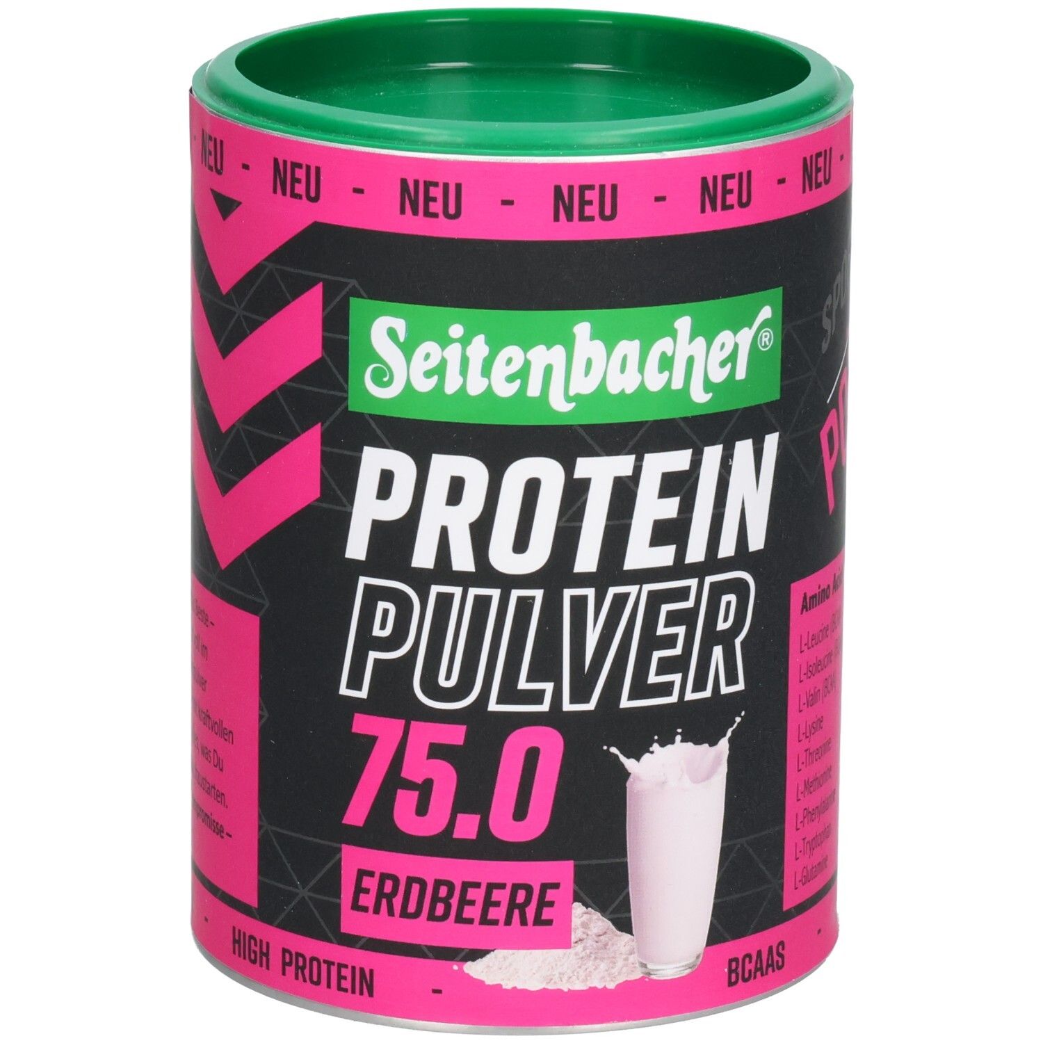 Boîte cylindrique avec couvercle vert. Inscription: Seitenbacher Protein Pulver 75.0 Erdbeere. Illustration d'une boisson.